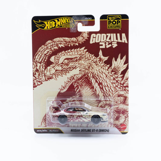 Hot Wheels Pop Culture Nissan Skyline GT-R BNR34 Godzilla livery red papyrus yellow diecast 1:64