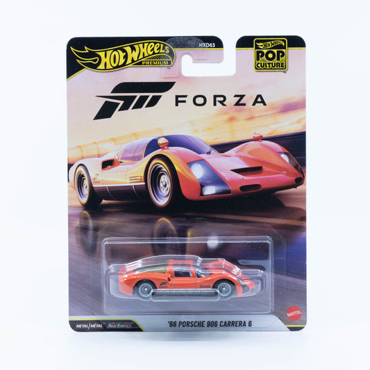 Hot Wheels Pop Culture 1966 Porsche 906 Carrera with Forza Motorsport livery in detailed 1:64 scale.