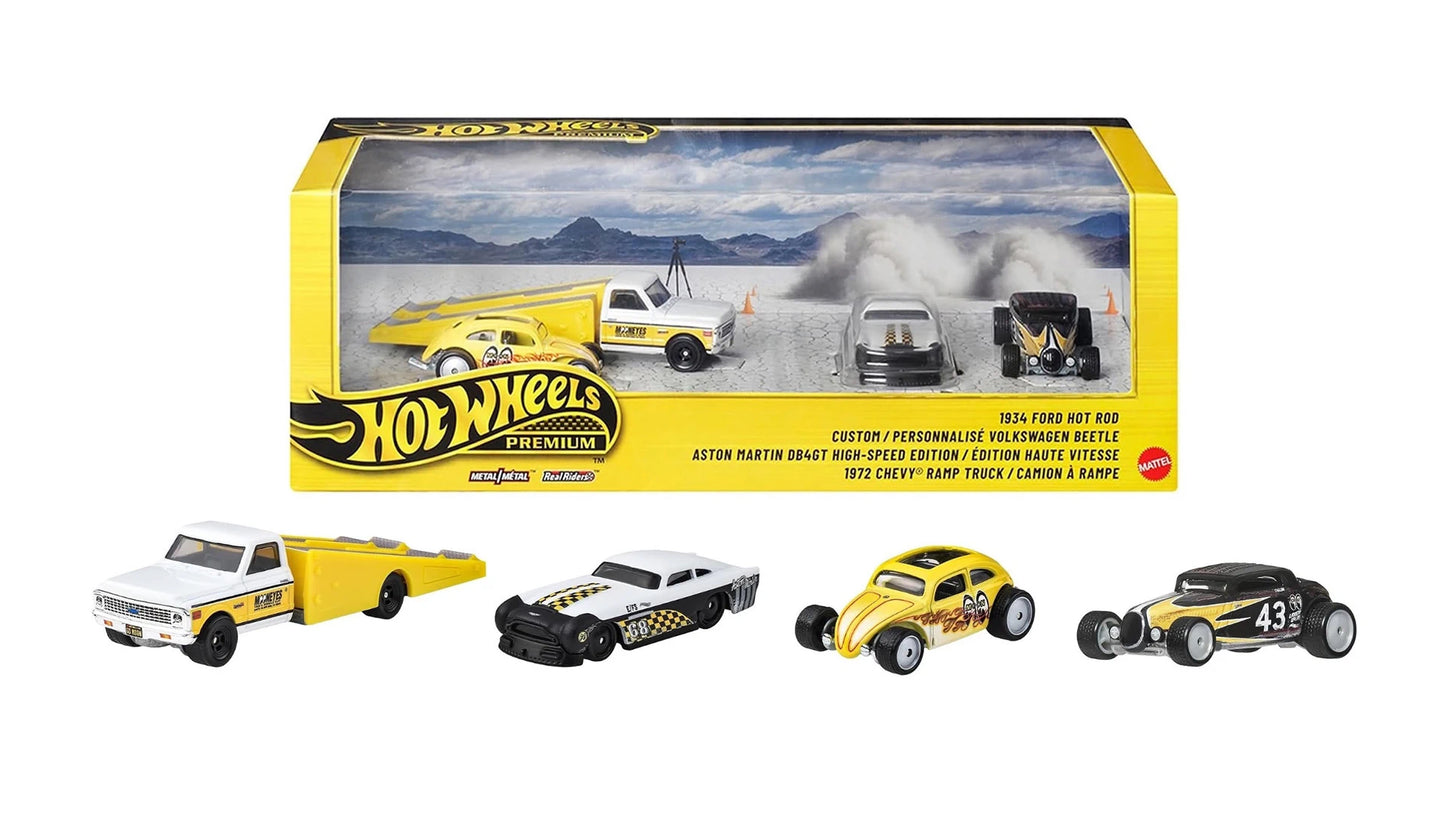 Hot Wheels Premium Collector Set MOONEYES featuring four custom vehicles with Real Riders wheels.