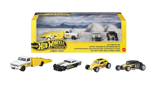 Hot Wheels Premium Collector Set MOONEYES featuring four custom vehicles with Real Riders wheels.
