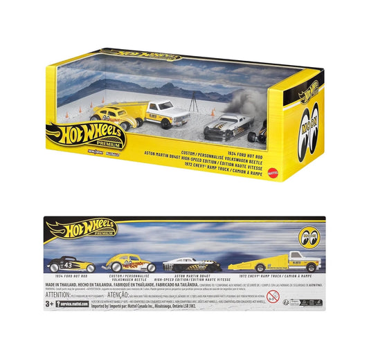 Hot Wheels Premium Collector Set MOONEYES featuring four custom vehicles with Real Riders wheels.