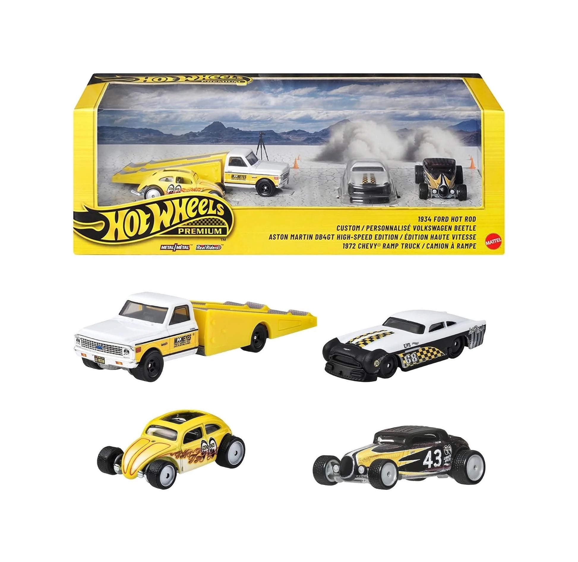 Hot Wheels Premium Collector Set MOONEYES featuring four custom vehicles with Real Riders wheels.