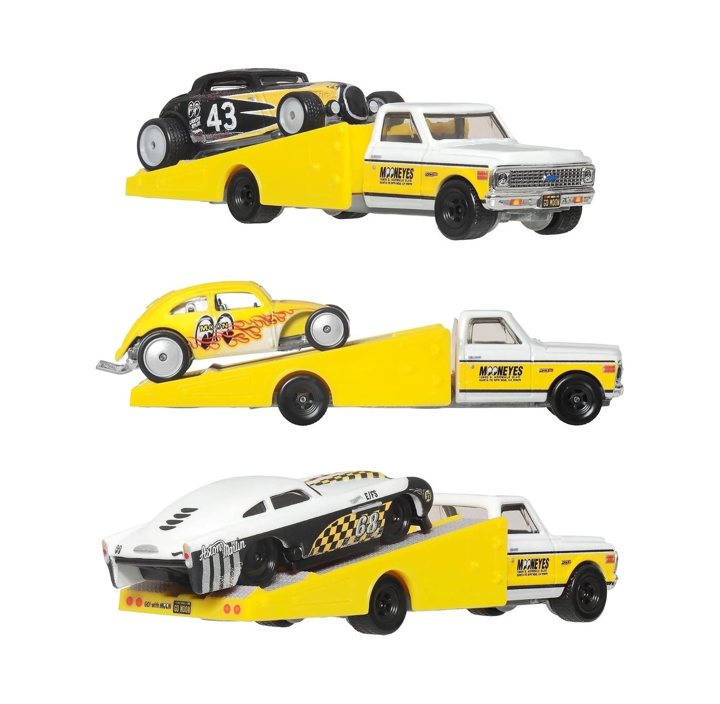 Hot Wheels Premium Collector Set MOONEYES featuring four custom vehicles with Real Riders wheels.