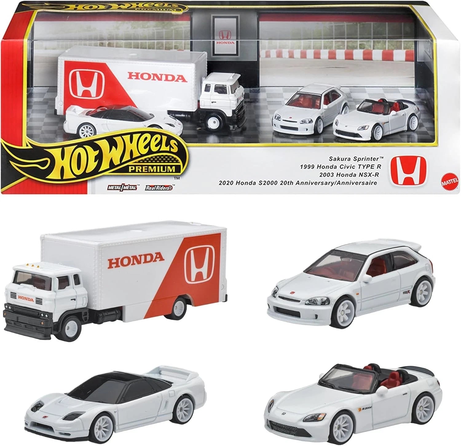 Hot Wheels Collector Set Honda – Civic Type R EK9, NSX-R, S2000 20th Anniversary new model, and Sakura Sprinter – all in matching white livery.