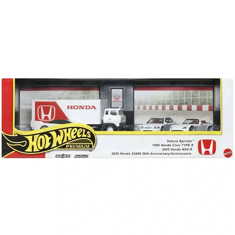 Hot Wheels Collector Set Honda – Civic Type R EK9, NSX-R, S2000 20th Anniversary new model, and Sakura Sprinter – all in matching white livery.