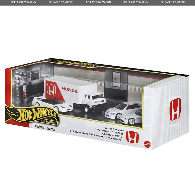 Hot Wheels Collector Set Honda – Civic Type R EK9, NSX-R, S2000 20th Anniversary new model, and Sakura Sprinter – all in matching white livery.