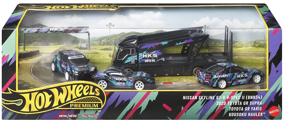 Hot Wheels Premium Collector Set HKS 2027 with Toyota GR Yaris, GR Supra, Nissan Skyline GT-R R34 and Kousoku Hauler