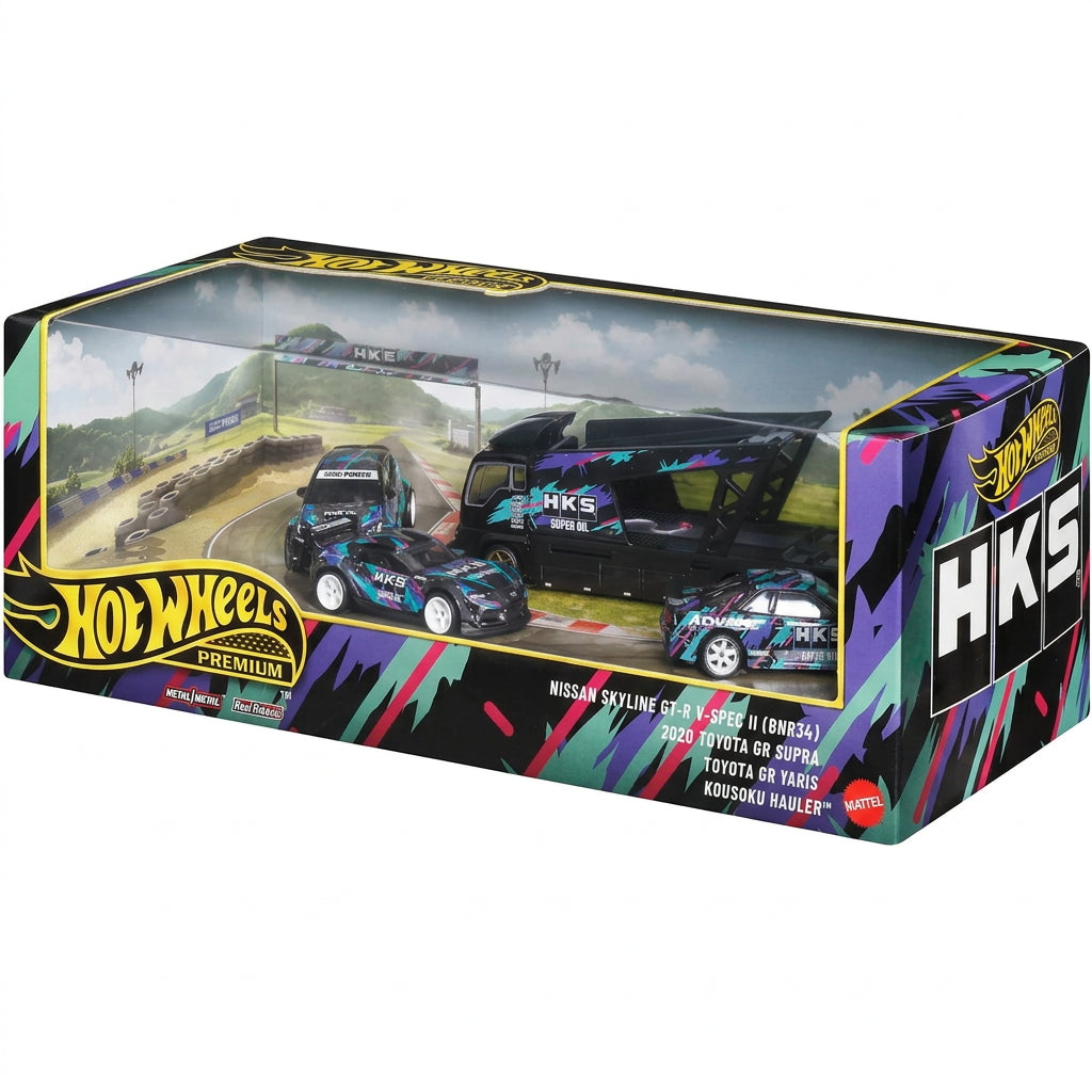 Hot Wheels Premium Collector Set HKS 2027 with Toyota GR Yaris, GR Supra, Nissan Skyline GT-R R34 and Kousoku Hauler