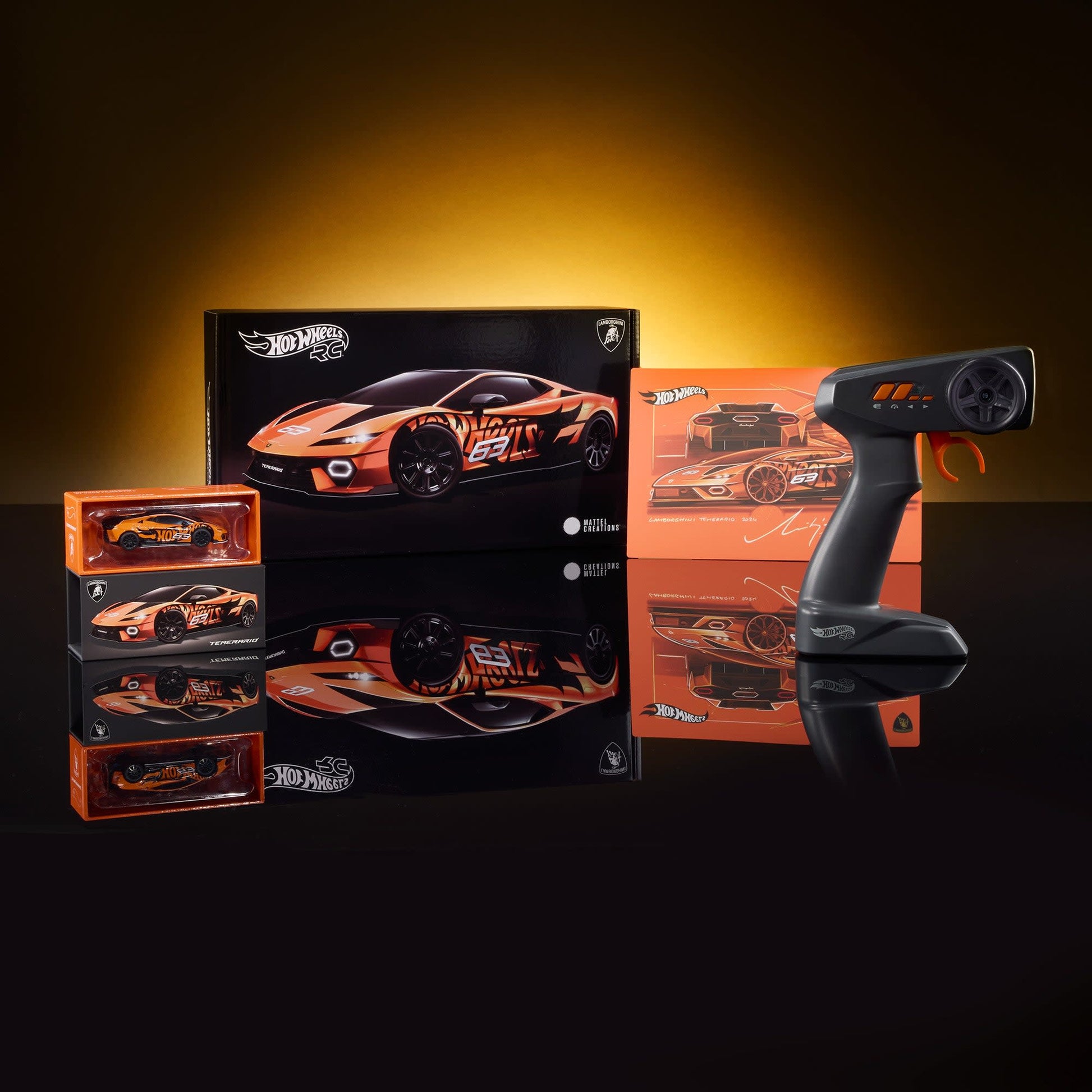 Hot Wheels RC 1:64 Lamborghini Temerario Alleggerita with remote control, working lights, Real Riders wheels, and premium collector packaging.