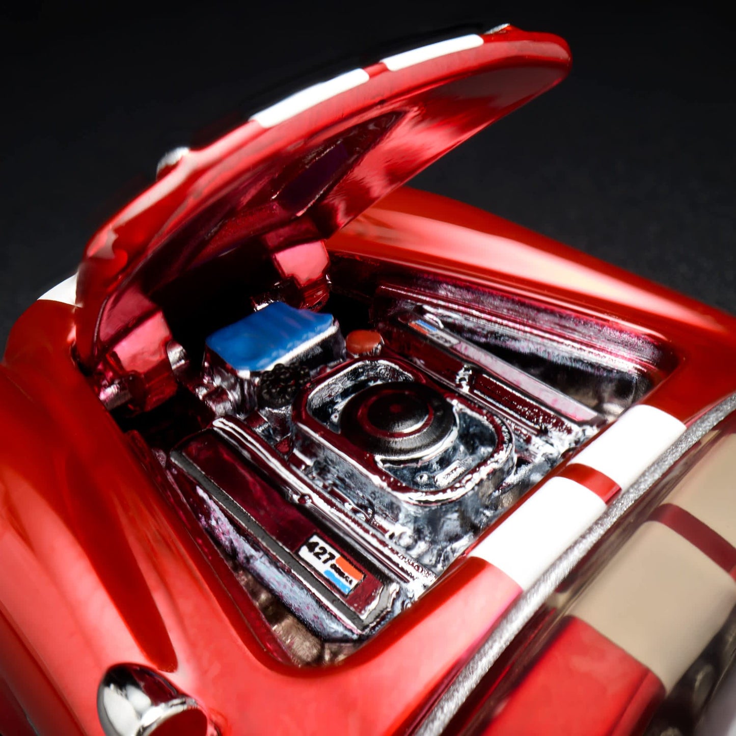 Hot Wheels RLC 2026 membership car, 1965 Shelby Cobra 427 S/C in Spectraflame bright red with opening hood and detailed V8 engine.