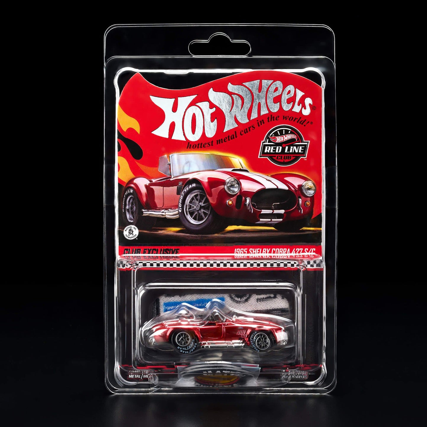 Hot Wheels RLC 2026 membership car, 1965 Shelby Cobra 427 S/C in Spectraflame bright red with opening hood and detailed V8 engine.