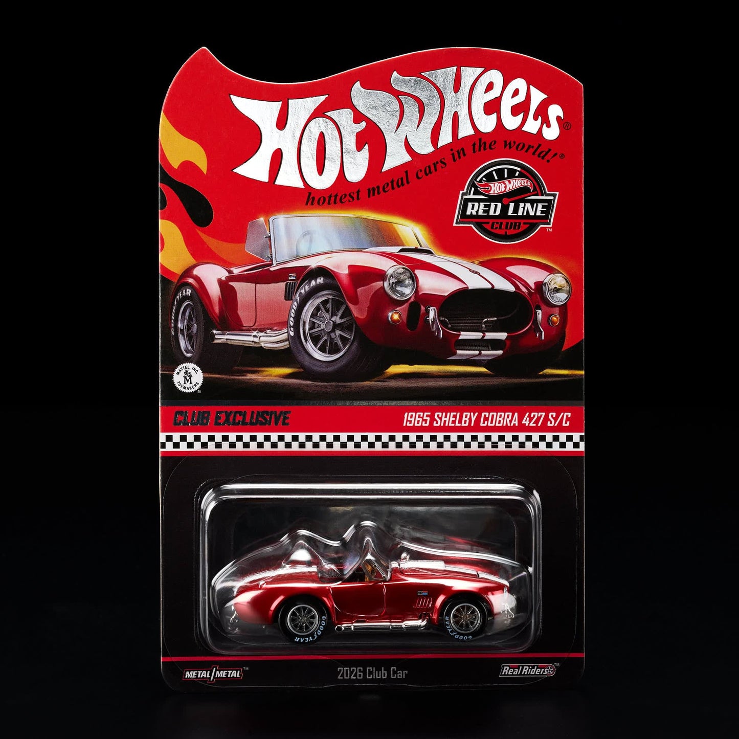 Hot Wheels RLC 2026 membership car, 1965 Shelby Cobra 427 S/C in Spectraflame bright red with opening hood and detailed V8 engine.