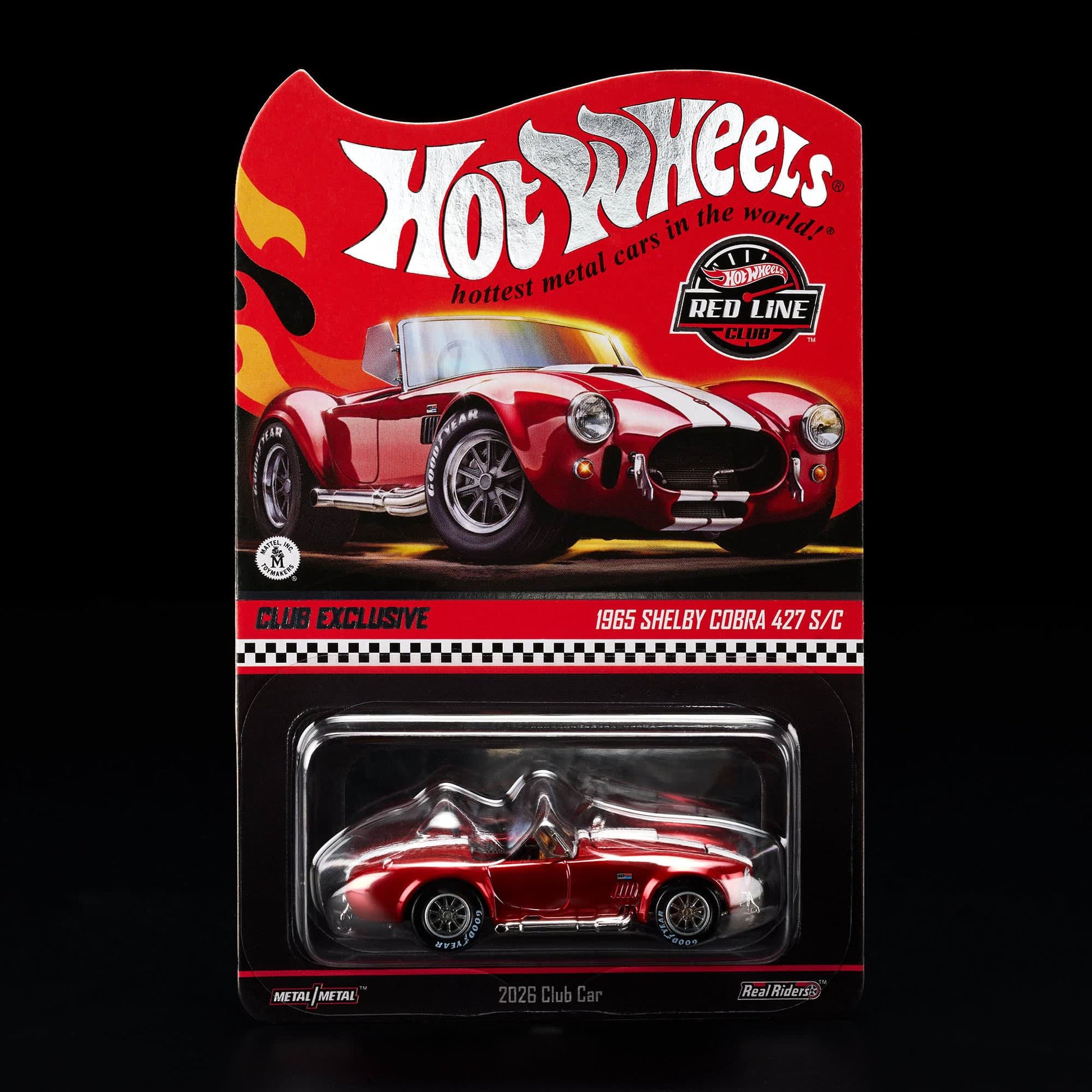 Hot Wheels RLC 2026 membership car, 1965 Shelby Cobra 427 S/C in Spectraflame bright red with opening hood and detailed V8 engine.