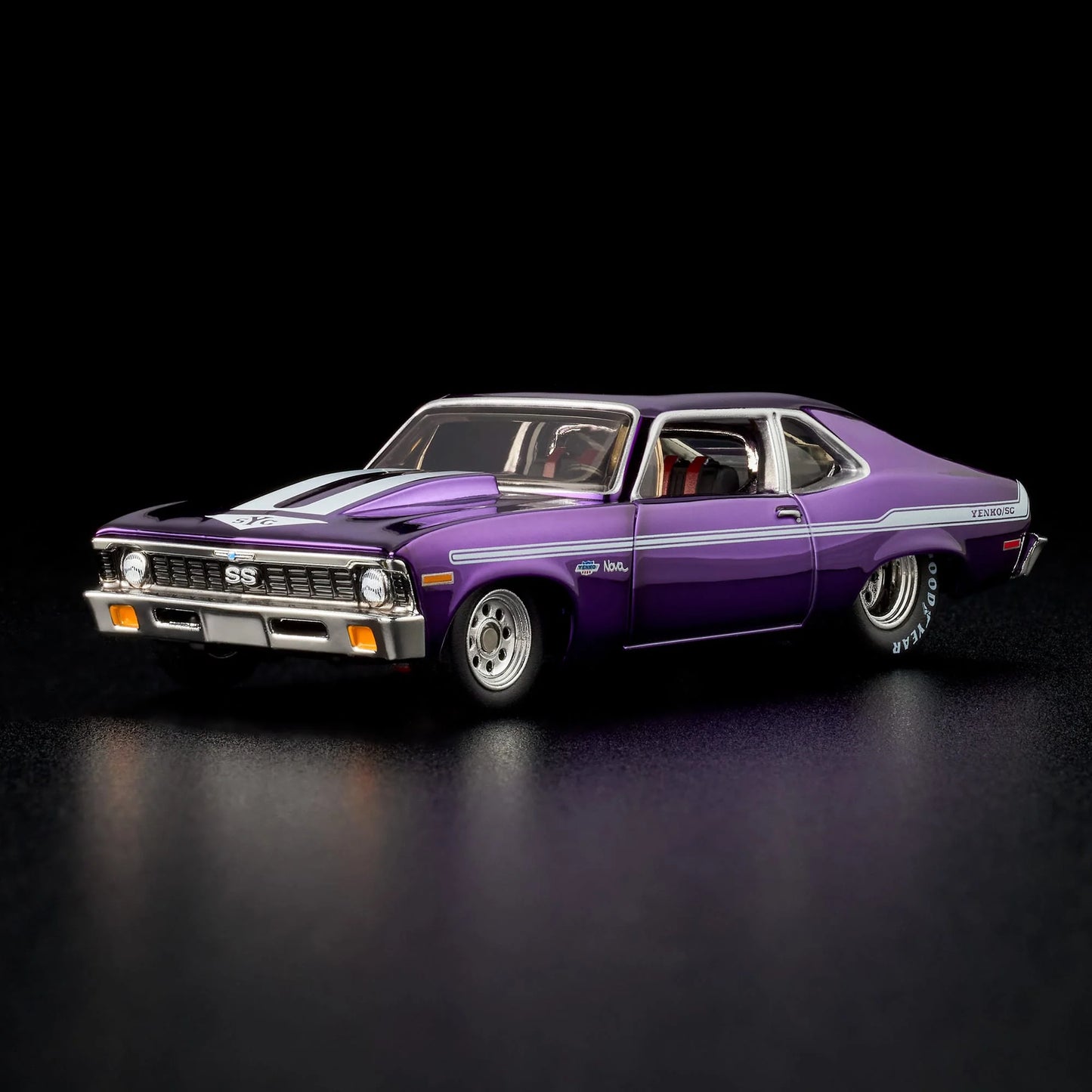 1:64 Hot Wheels RLC 1972 Chevy Nova SS Spectraflame purple with removable cowl and detailed engine.