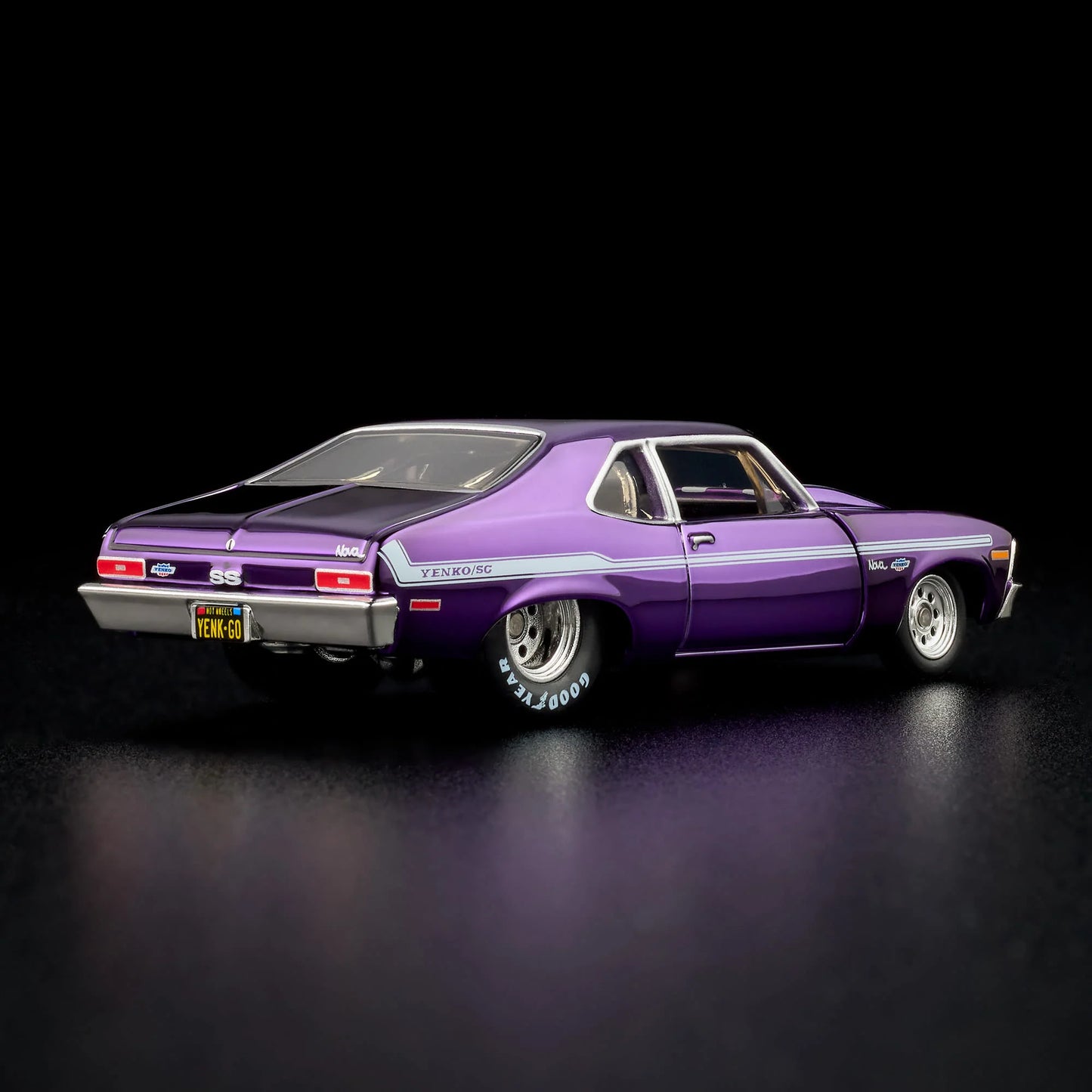 1:64 Hot Wheels RLC 1972 Chevy Nova SS Spectraflame purple with removable cowl and detailed engine.