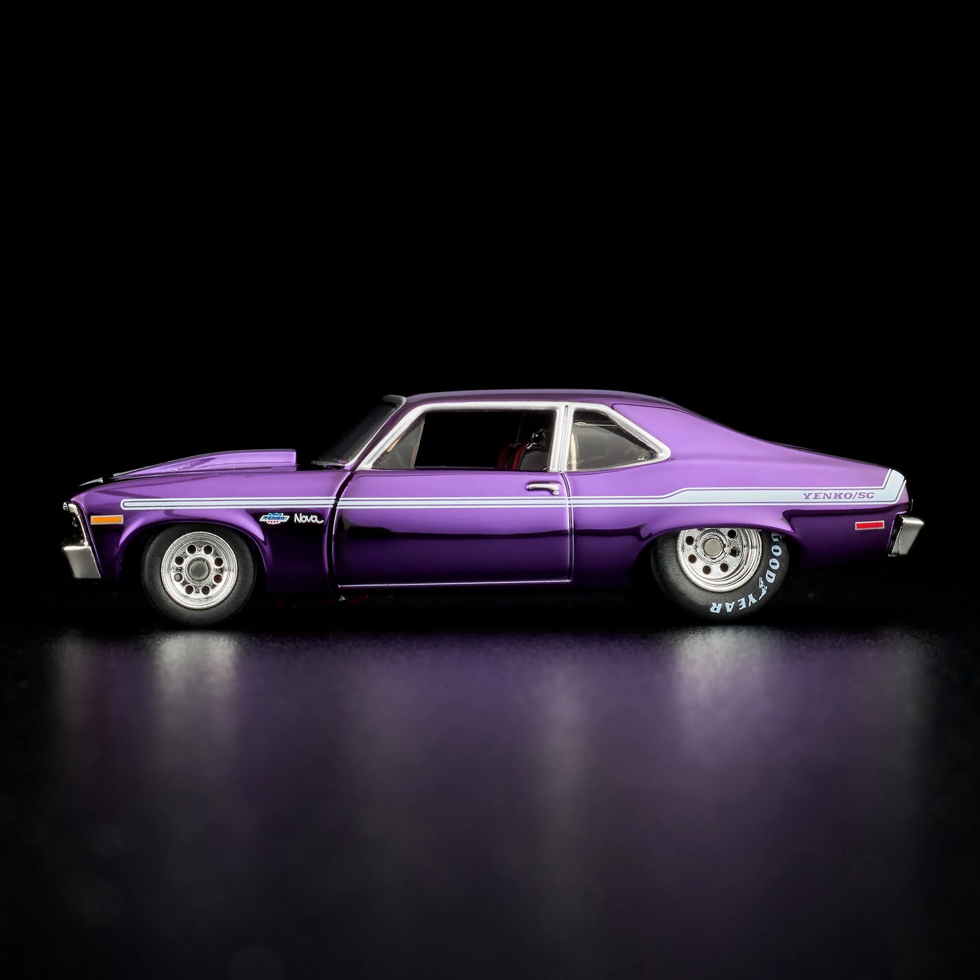 1:64 Hot Wheels RLC 1972 Chevy Nova SS Spectraflame purple with removable cowl and detailed engine.