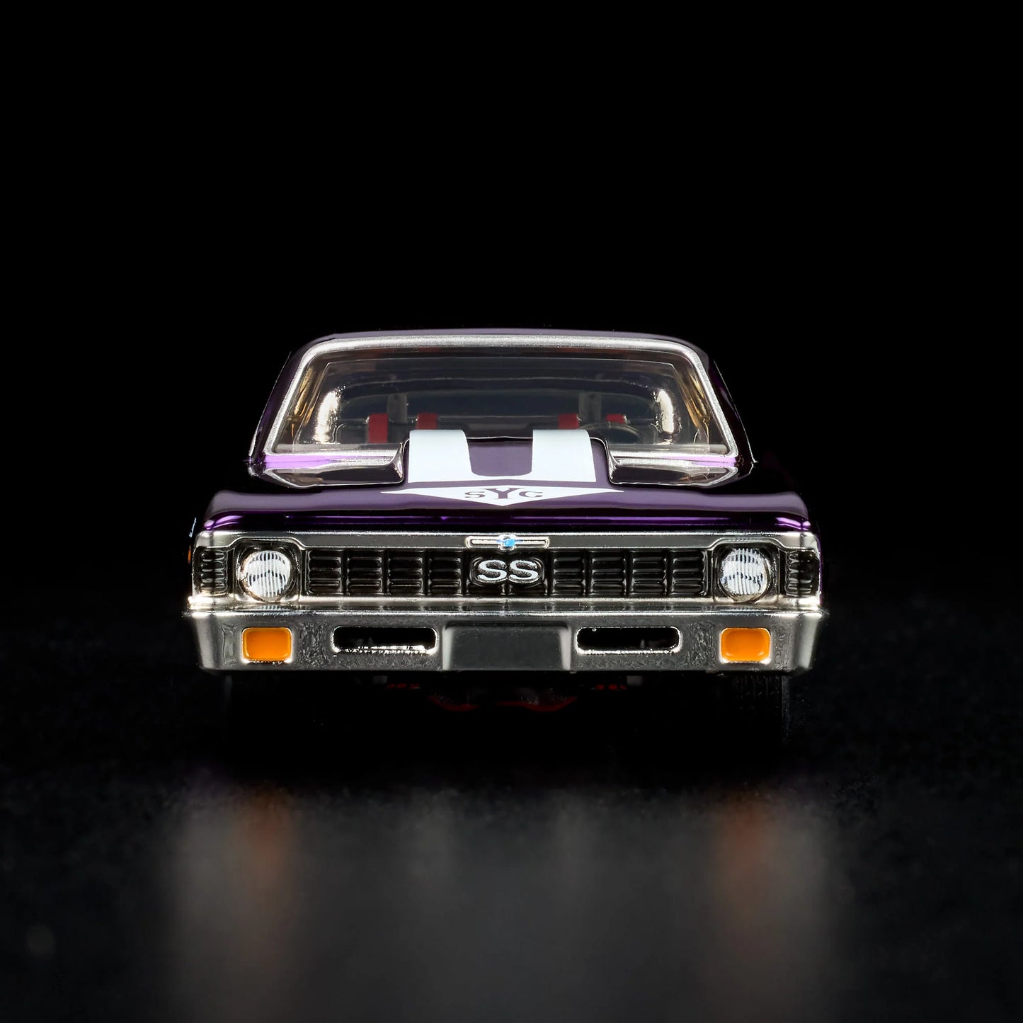 1:64 Hot Wheels RLC 1972 Chevy Nova SS Spectraflame purple with removable cowl and detailed engine.