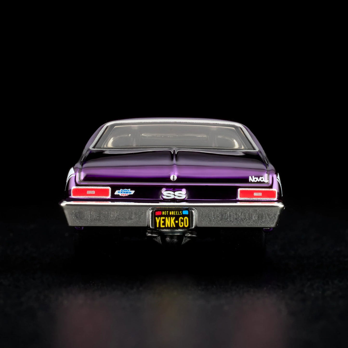 1:64 Hot Wheels RLC 1972 Chevy Nova SS Spectraflame purple with removable cowl and detailed engine.