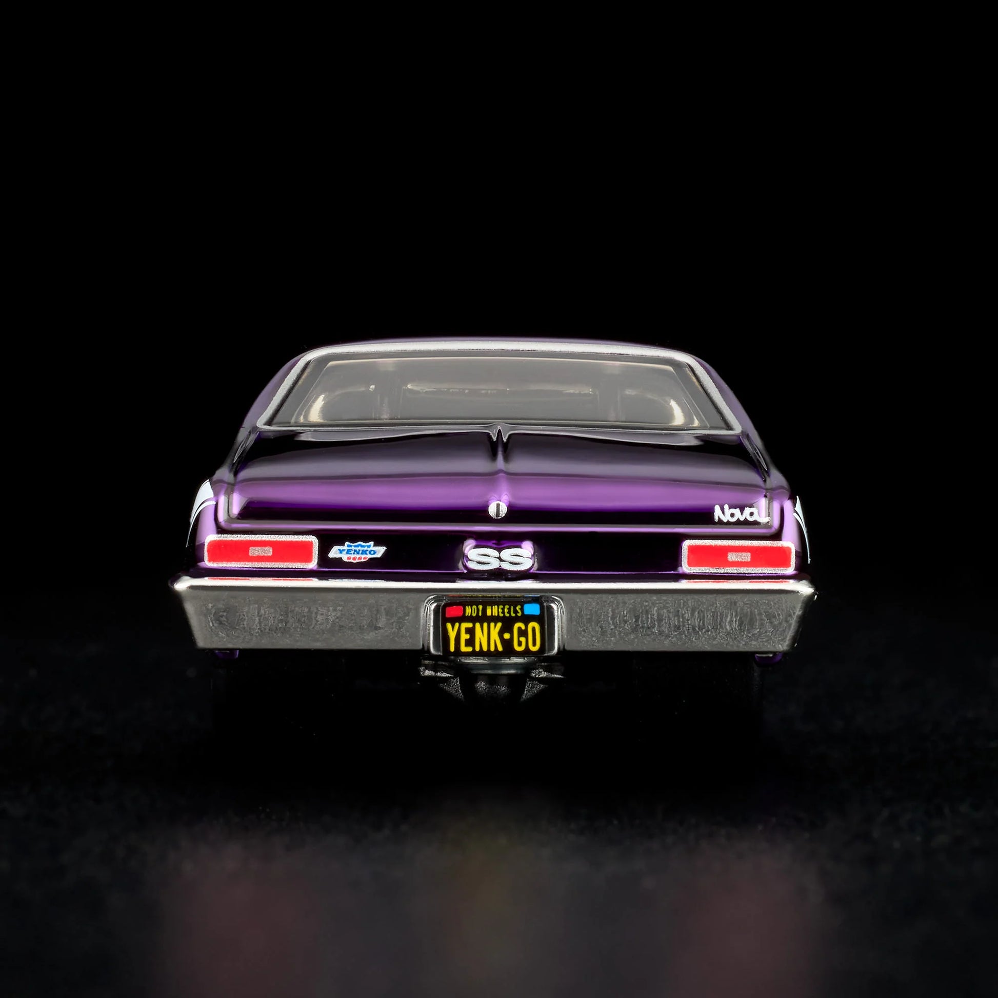 1:64 Hot Wheels RLC 1972 Chevy Nova SS Spectraflame purple with removable cowl and detailed engine.