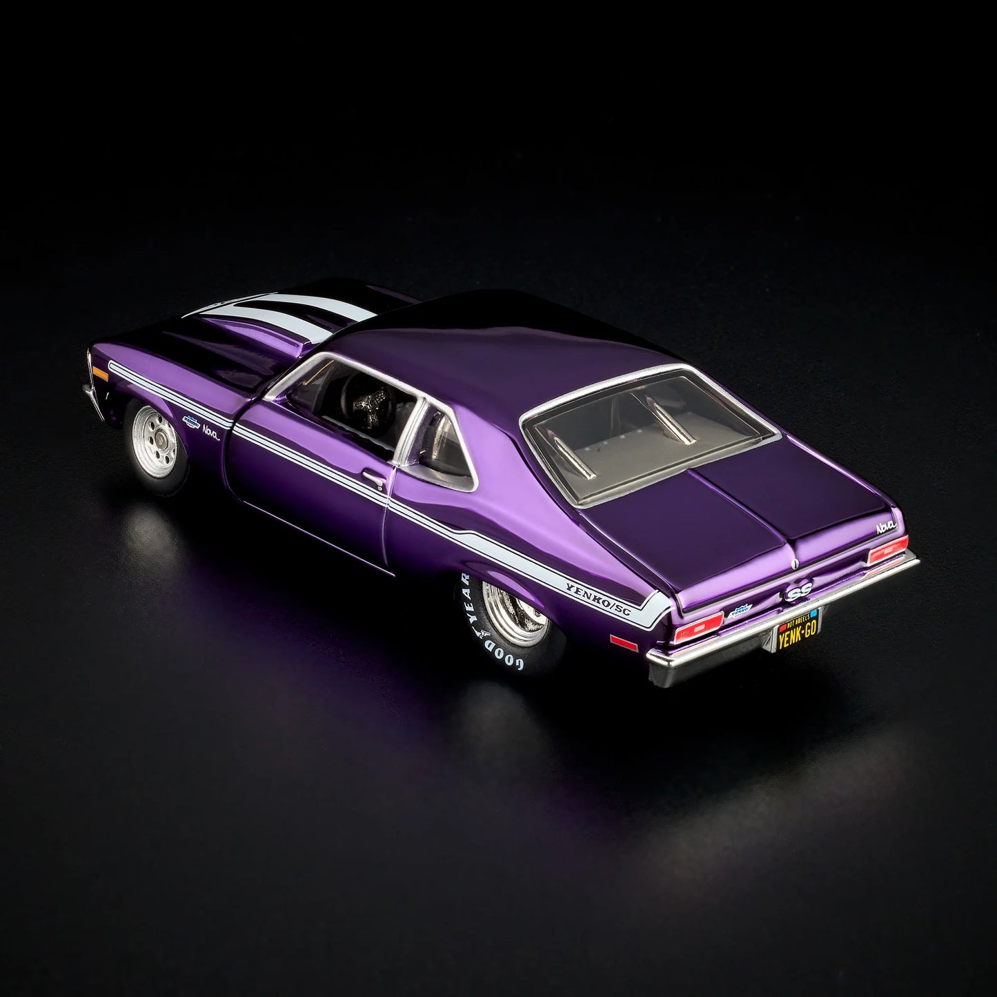 1:64 Hot Wheels RLC 1972 Chevy Nova SS Spectraflame purple with removable cowl and detailed engine.
