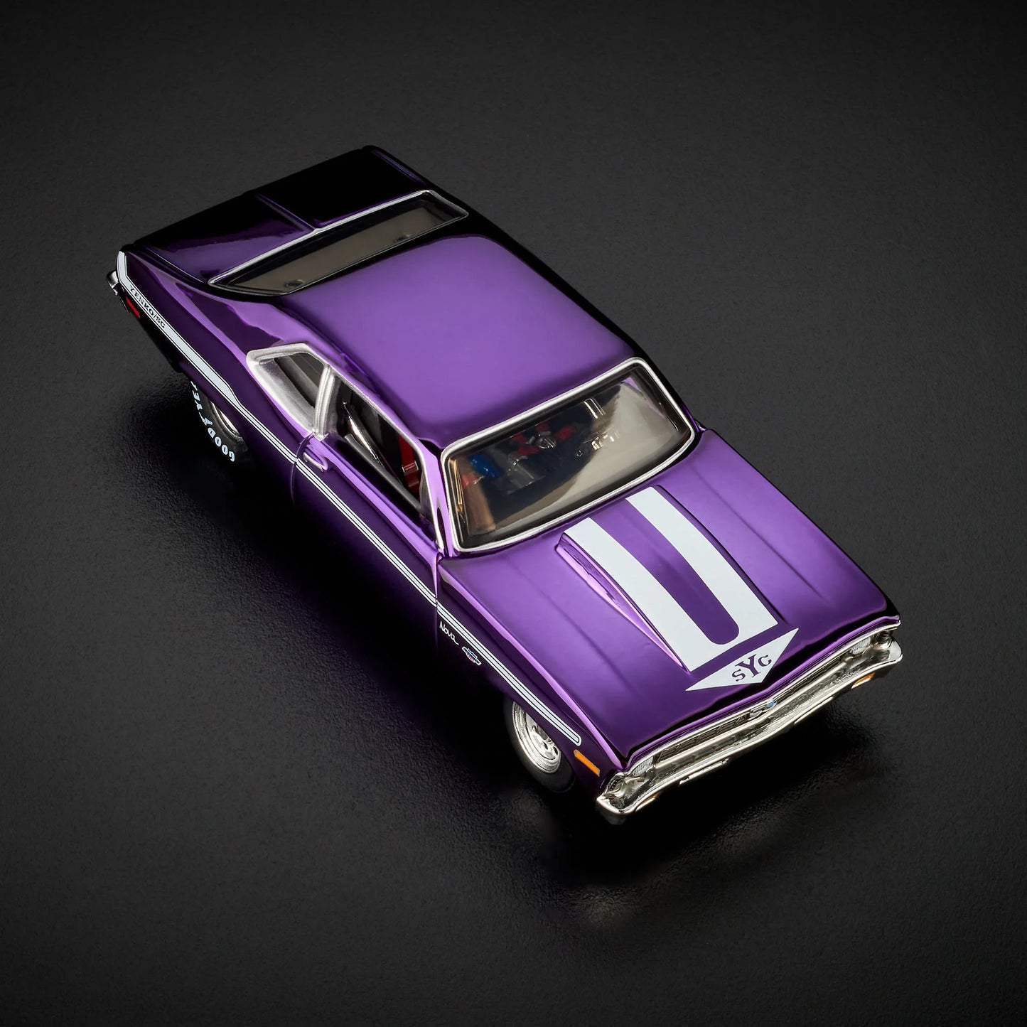 1:64 Hot Wheels RLC 1972 Chevy Nova SS Spectraflame purple with removable cowl and detailed engine.