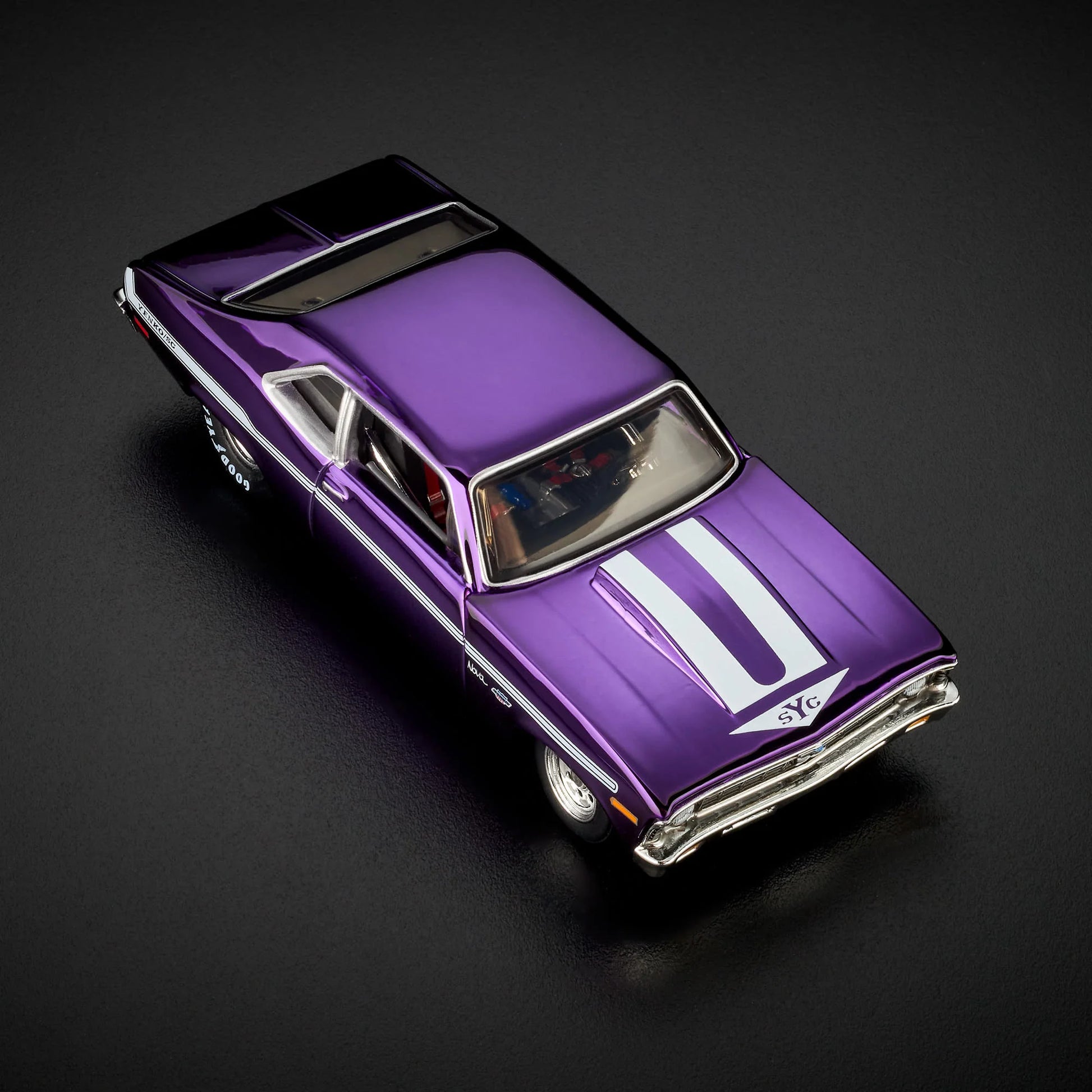 1:64 Hot Wheels RLC 1972 Chevy Nova SS Spectraflame purple with removable cowl and detailed engine.