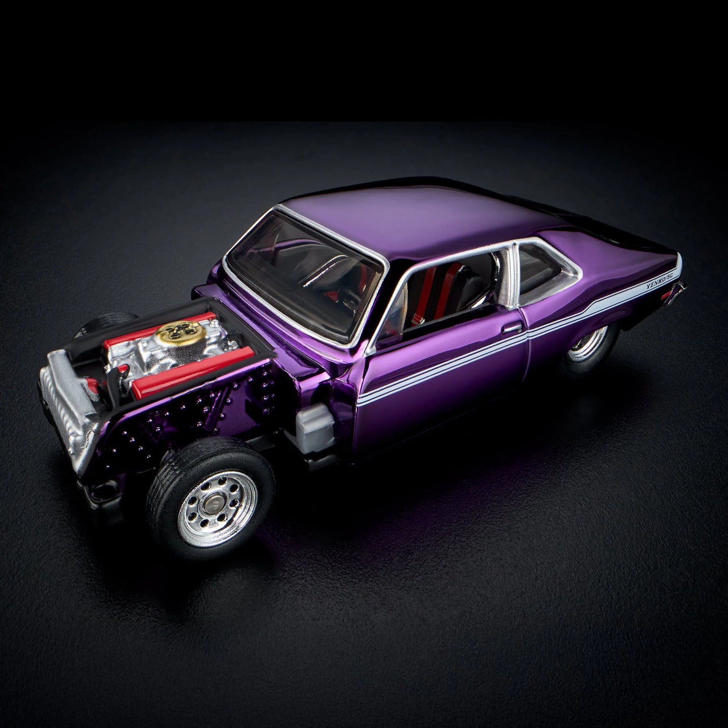 1:64 Hot Wheels RLC 1972 Chevy Nova SS Spectraflame purple with removable cowl and detailed engine.