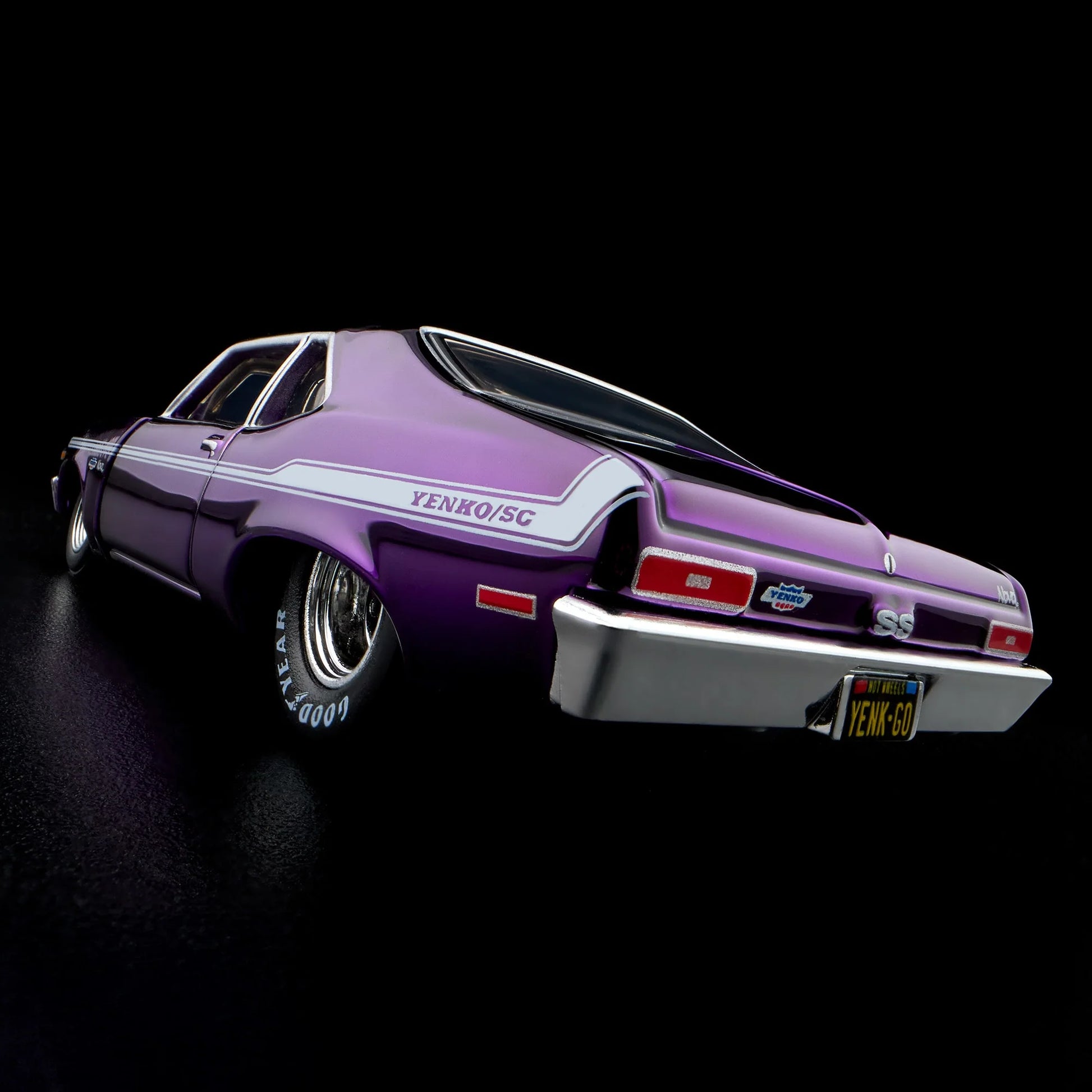 1:64 Hot Wheels RLC 1972 Chevy Nova SS Spectraflame purple with removable cowl and detailed engine.