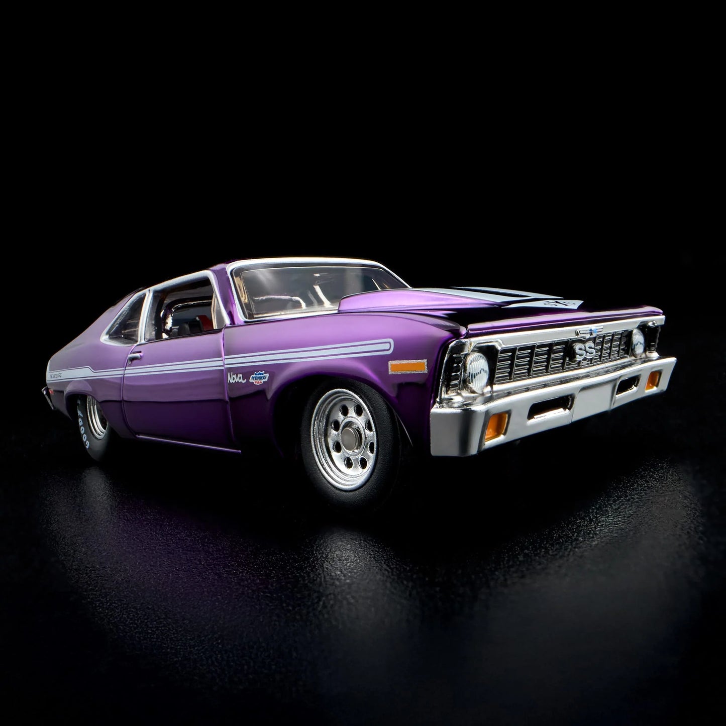 1:64 Hot Wheels RLC 1972 Chevy Nova SS Spectraflame purple with removable cowl and detailed engine.