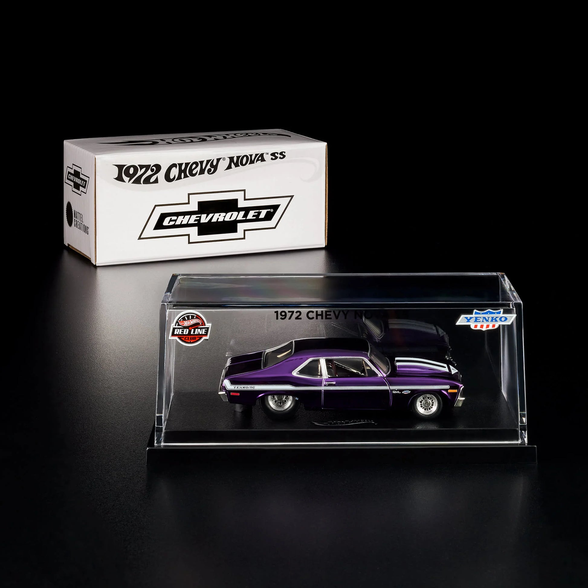 1:64 Hot Wheels RLC 1972 Chevy Nova SS Spectraflame purple with removable cowl and detailed engine.