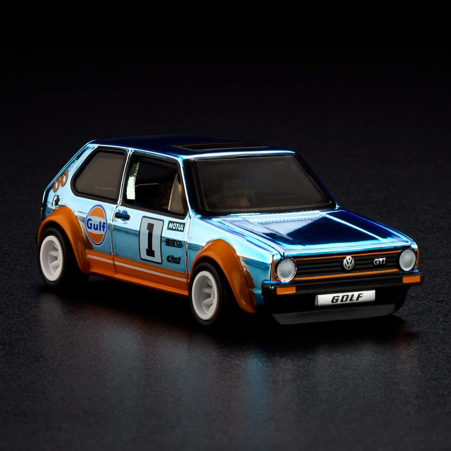 Hot Wheels RLC 1976 Volkswagen Golf Mk1 GTI in Spectraflame Gulf Blue with Gulf Racing livery and opening hood.