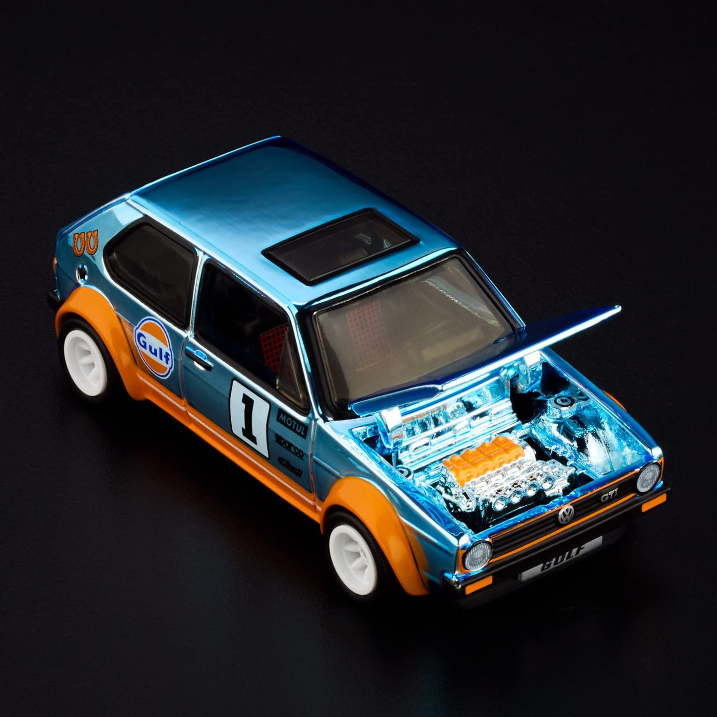 Hot Wheels RLC 1976 Volkswagen Golf Mk1 GTI in Spectraflame Gulf Blue with Gulf Racing livery and opening hood.