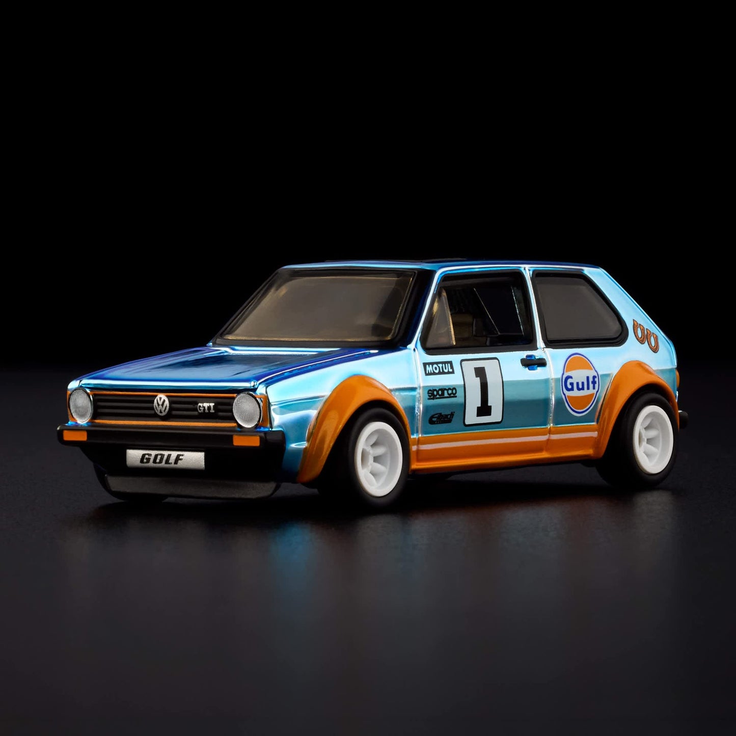 Hot Wheels RLC 1976 Volkswagen Golf Mk1 GTI in Spectraflame Gulf Blue with Gulf Racing livery and opening hood.