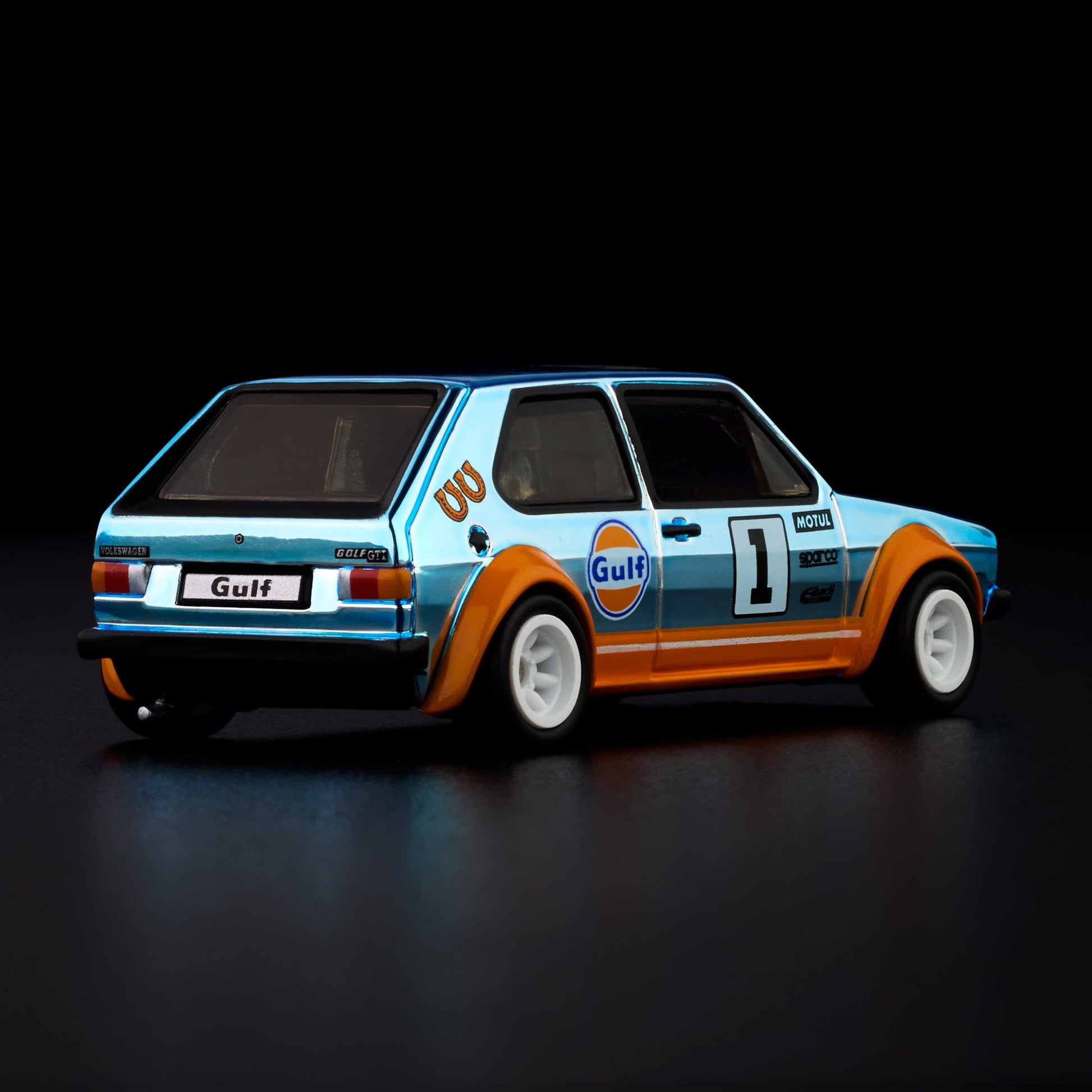 Hot Wheels RLC 1976 Volkswagen Golf Mk1 GTI in Spectraflame Gulf Blue with Gulf Racing livery and opening hood.