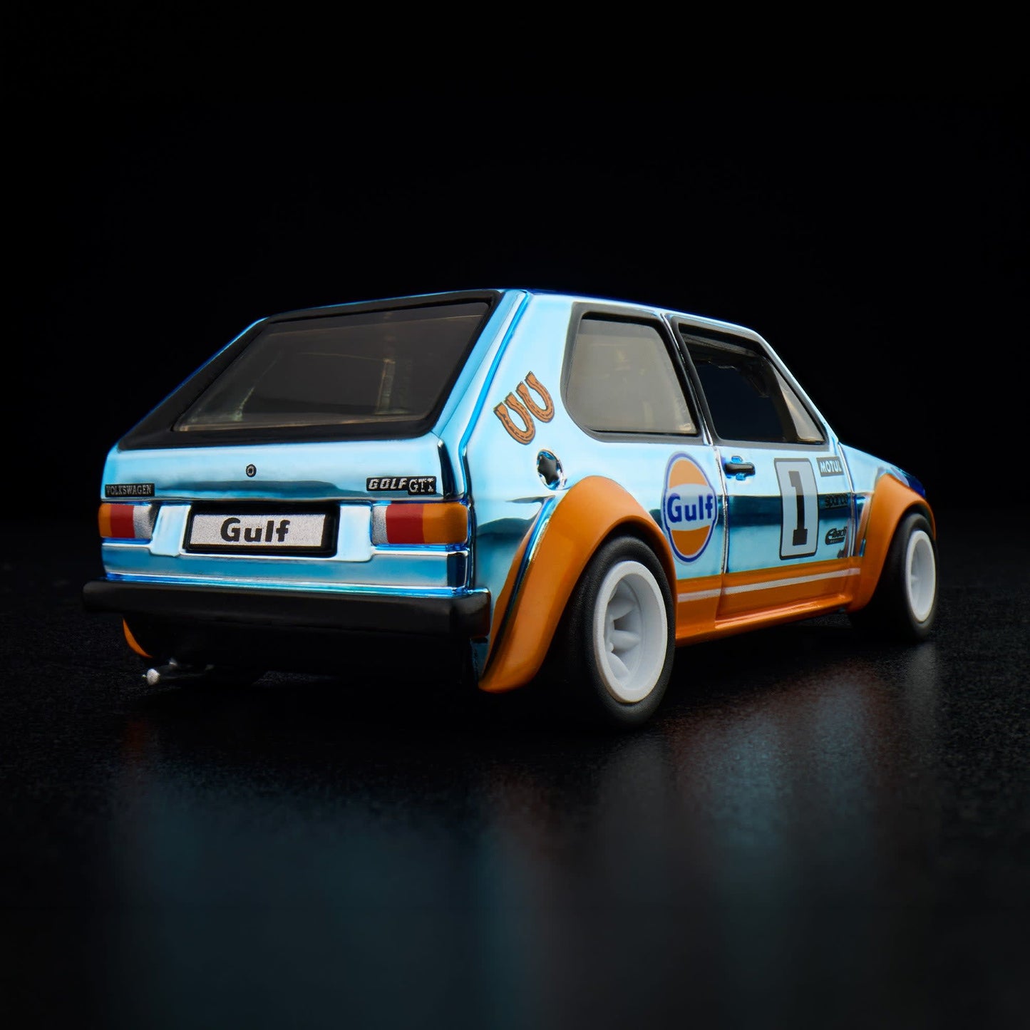 Hot Wheels RLC 1976 Volkswagen Golf Mk1 GTI in Spectraflame Gulf Blue with Gulf Racing livery and opening hood.