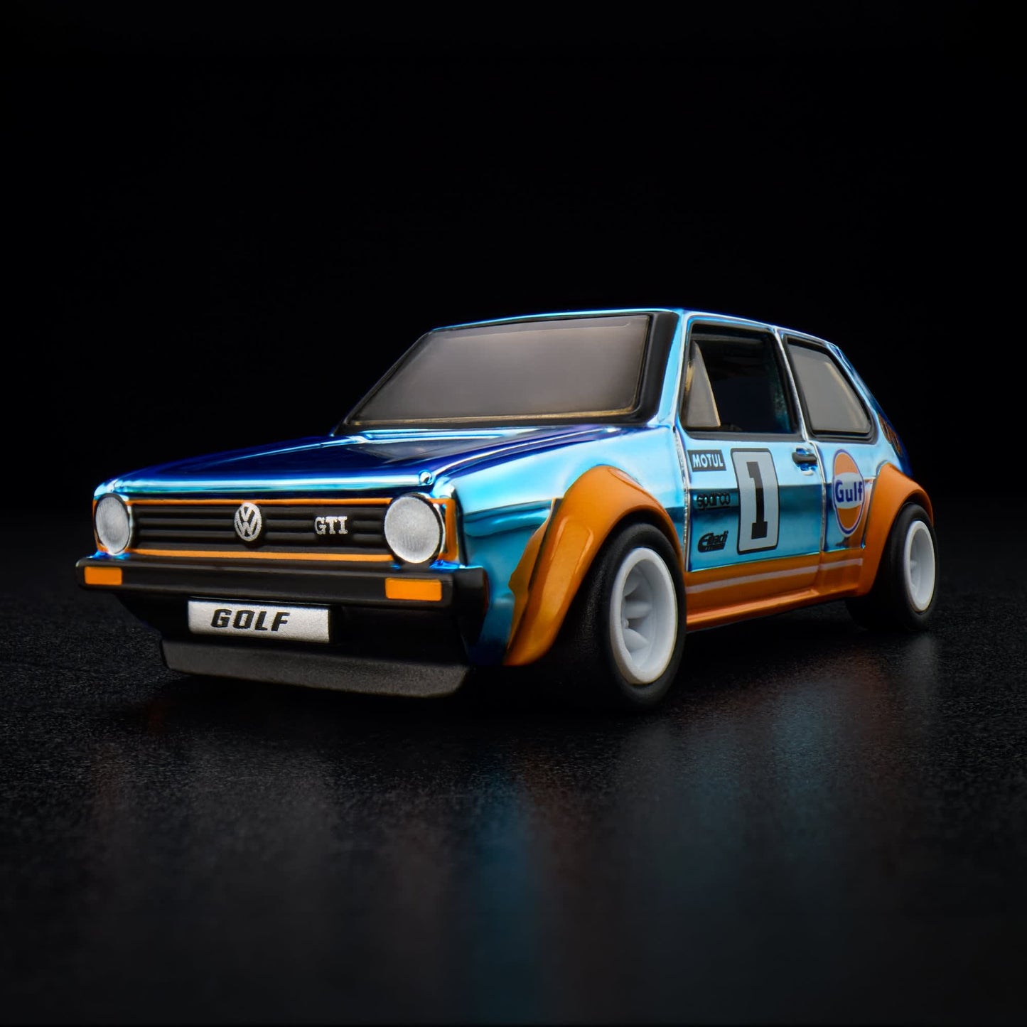 Hot Wheels RLC 1976 Volkswagen Golf Mk1 GTI in Spectraflame Gulf Blue with Gulf Racing livery and opening hood.