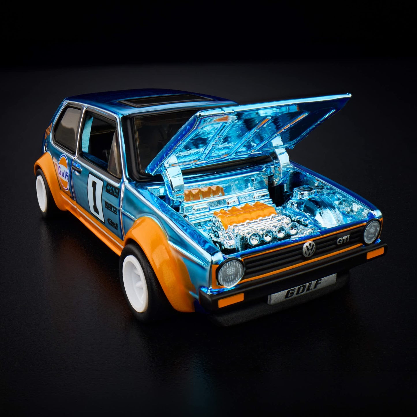 Hot Wheels RLC 1976 Volkswagen Golf Mk1 GTI in Spectraflame Gulf Blue with Gulf Racing livery and opening hood.