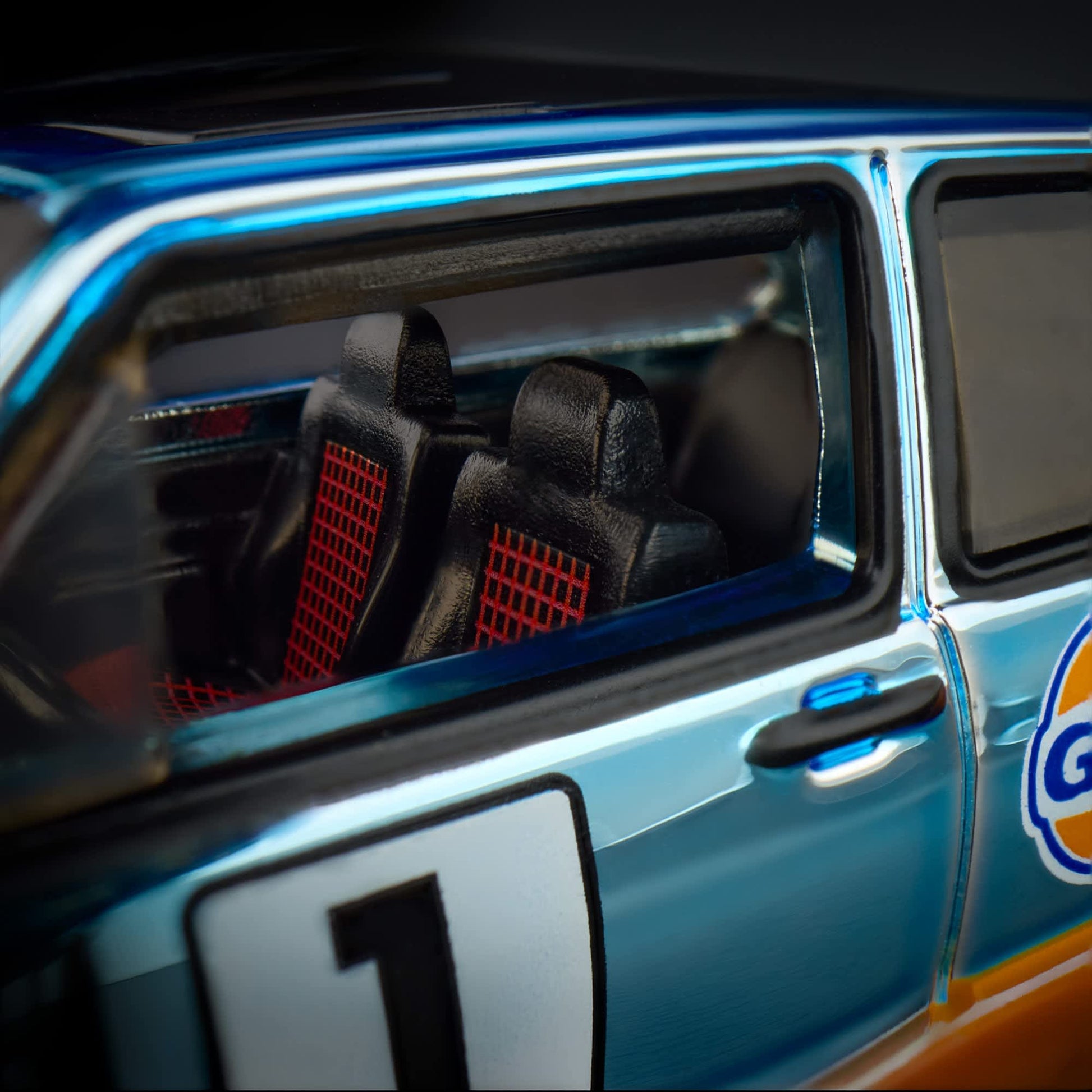 Hot Wheels RLC 1976 Volkswagen Golf Mk1 GTI in Spectraflame Gulf Blue with Gulf Racing livery and opening hood.