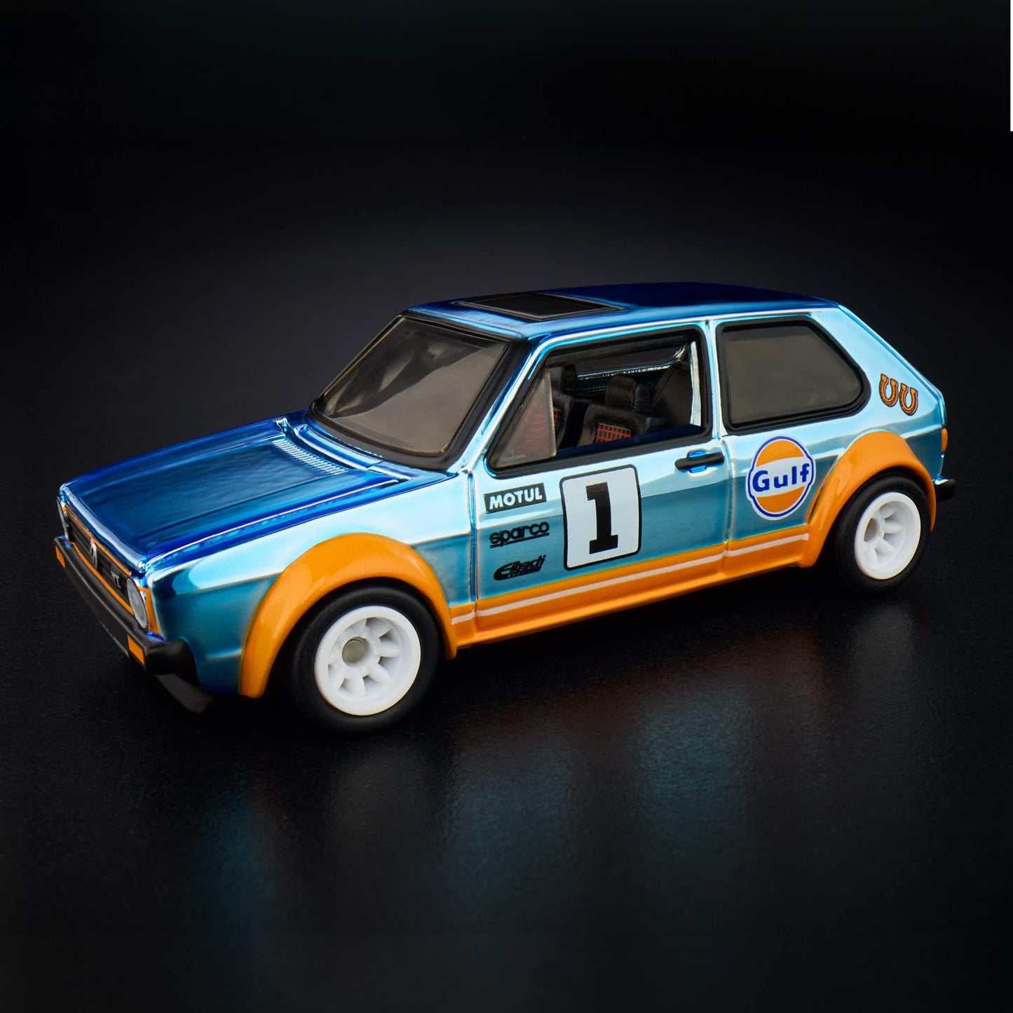 Hot Wheels RLC 1976 Volkswagen Golf Mk1 GTI in Spectraflame Gulf Blue with Gulf Racing livery and opening hood.