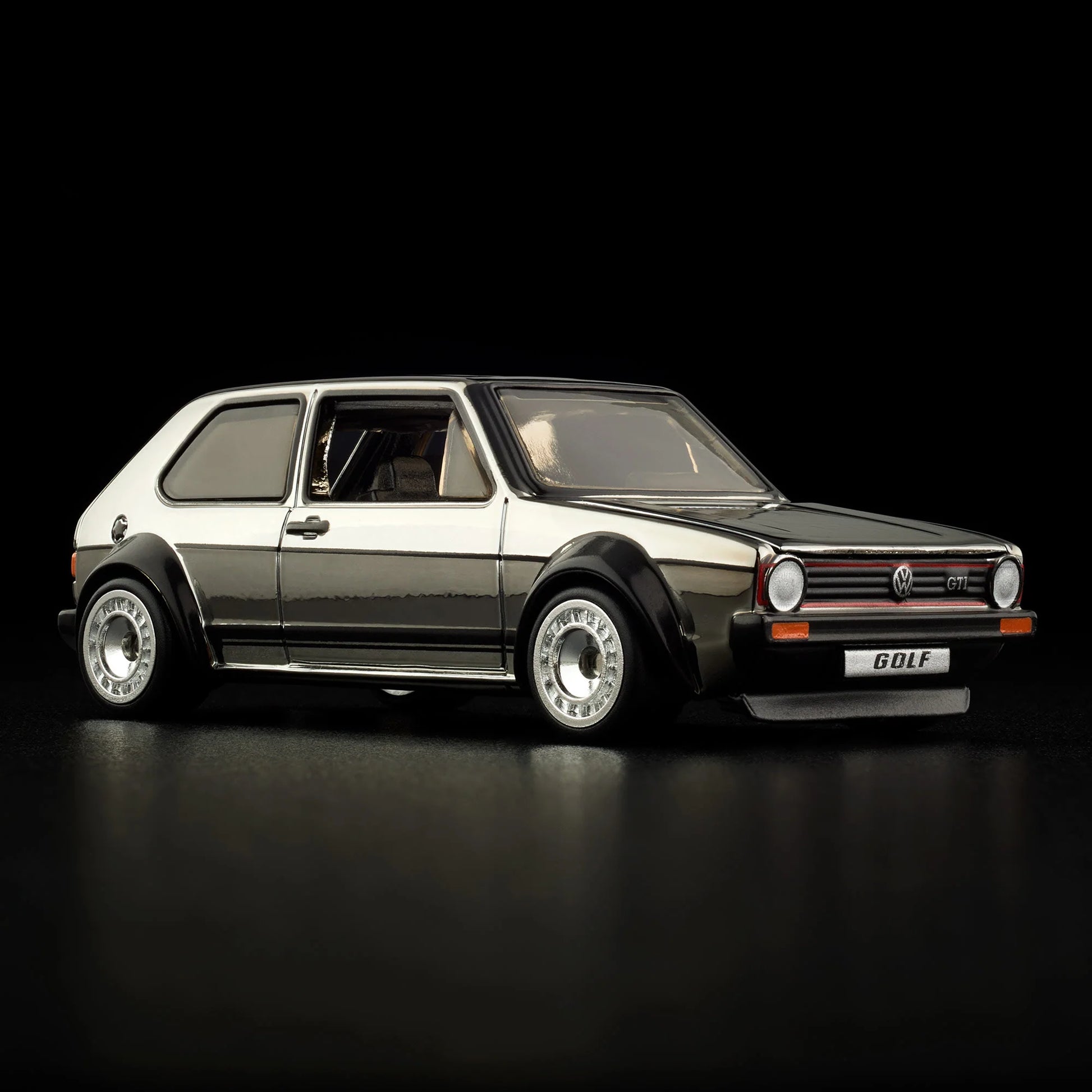 Hot Wheels RLC 1976 Volkswagen Golf MK1 GTI in Spectraflame Shadowchrome with Real Riders. Front Side