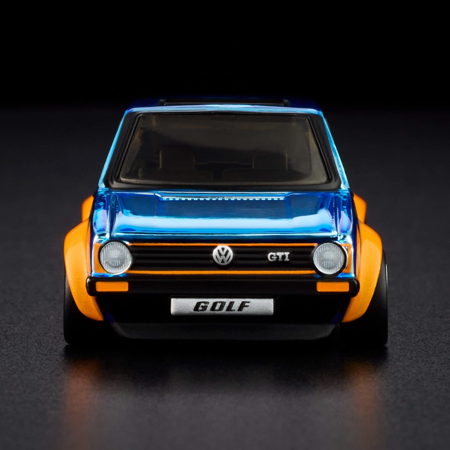 Hot Wheels RLC 1976 Volkswagen Golf Mk1 GTI in Spectraflame Gulf Blue with Gulf Racing livery and opening hood.