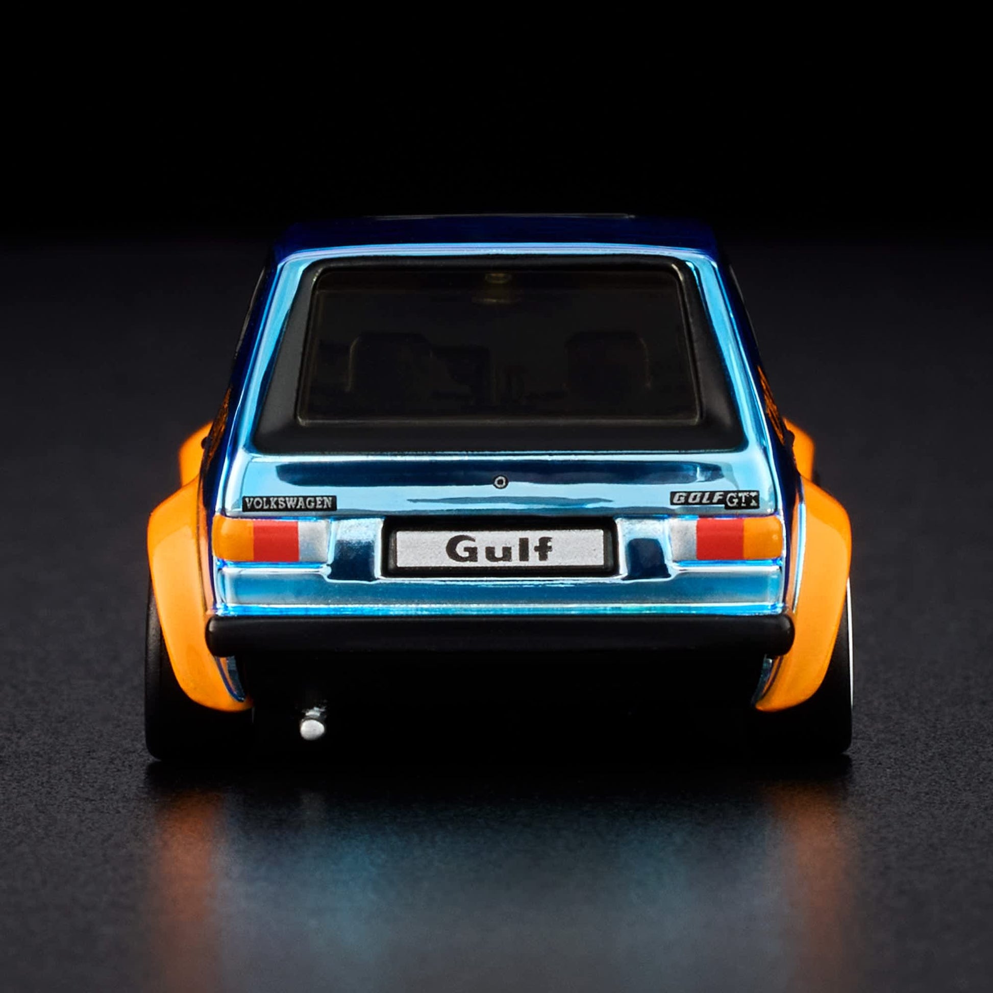 Hot Wheels RLC 1976 Volkswagen Golf Mk1 GTI in Spectraflame Gulf Blue with Gulf Racing livery and opening hood.