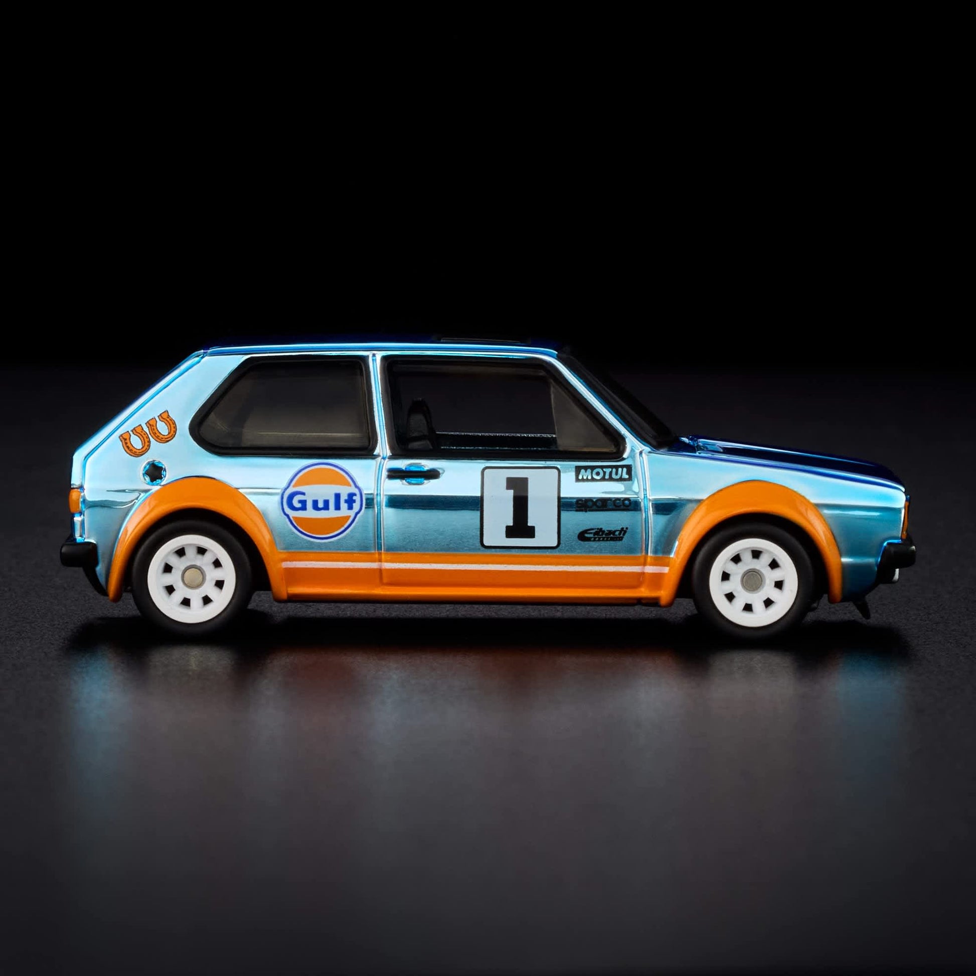 Hot Wheels RLC 1976 Volkswagen Golf Mk1 GTI in Spectraflame Gulf Blue with Gulf Racing livery and opening hood.