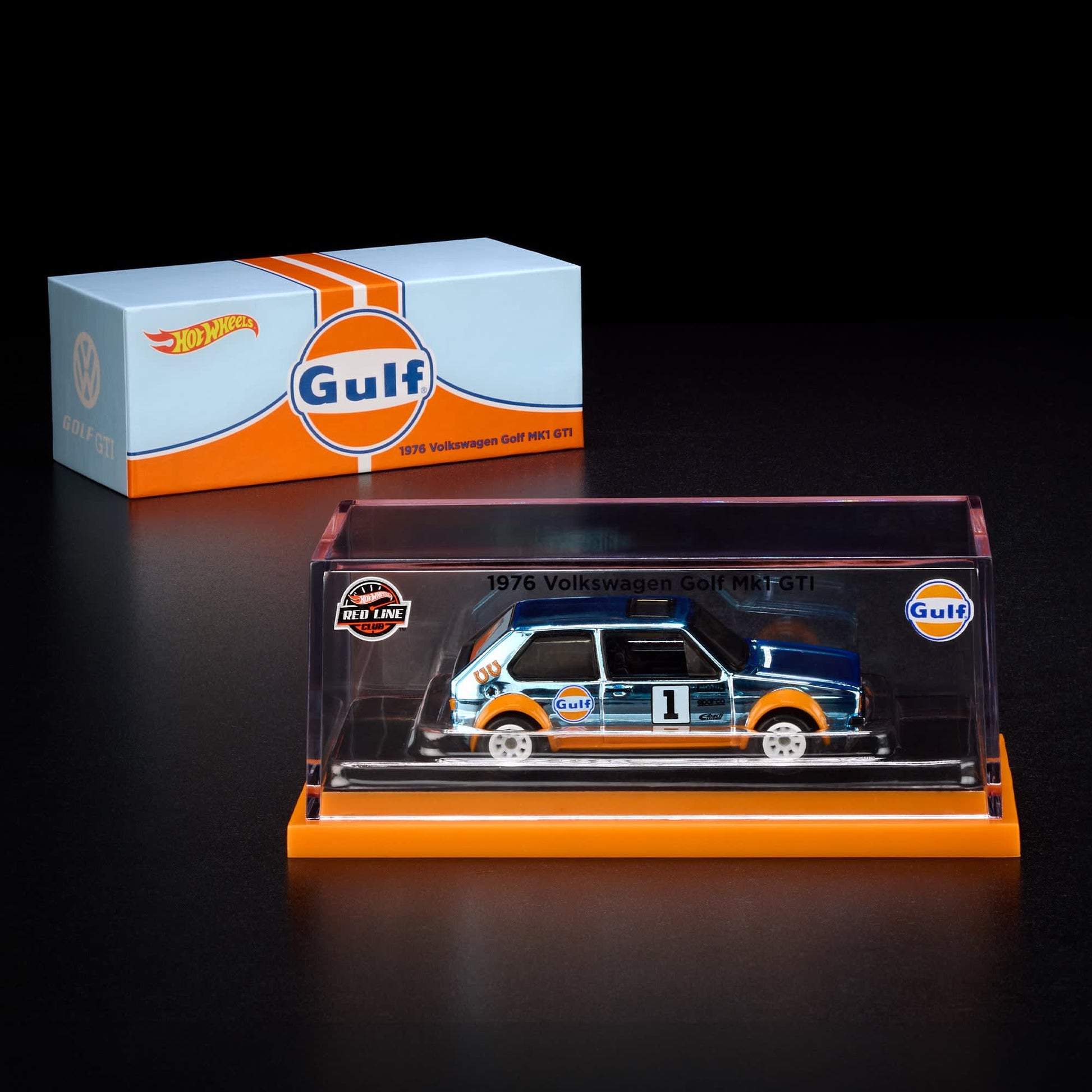 Hot Wheels RLC 1976 Volkswagen Golf Mk1 GTI in Spectraflame Gulf Blue with Gulf Racing livery and opening hood.