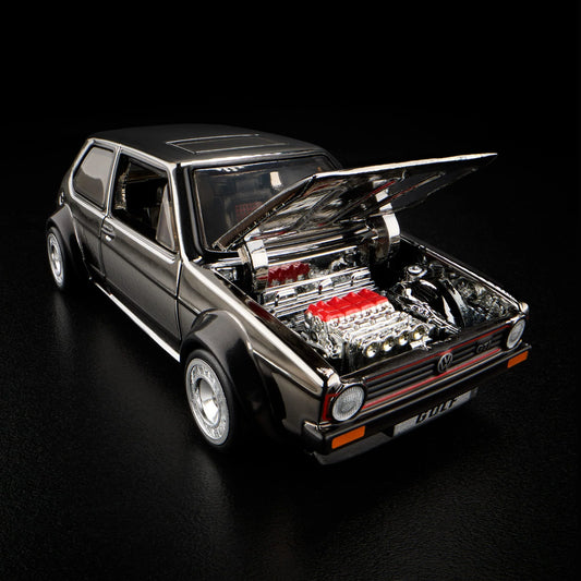 Hot Wheels RLC 1976 Volkswagen Golf MK1 GTI in Spectraflame Shadowchrome with Real Riders. Front hood open