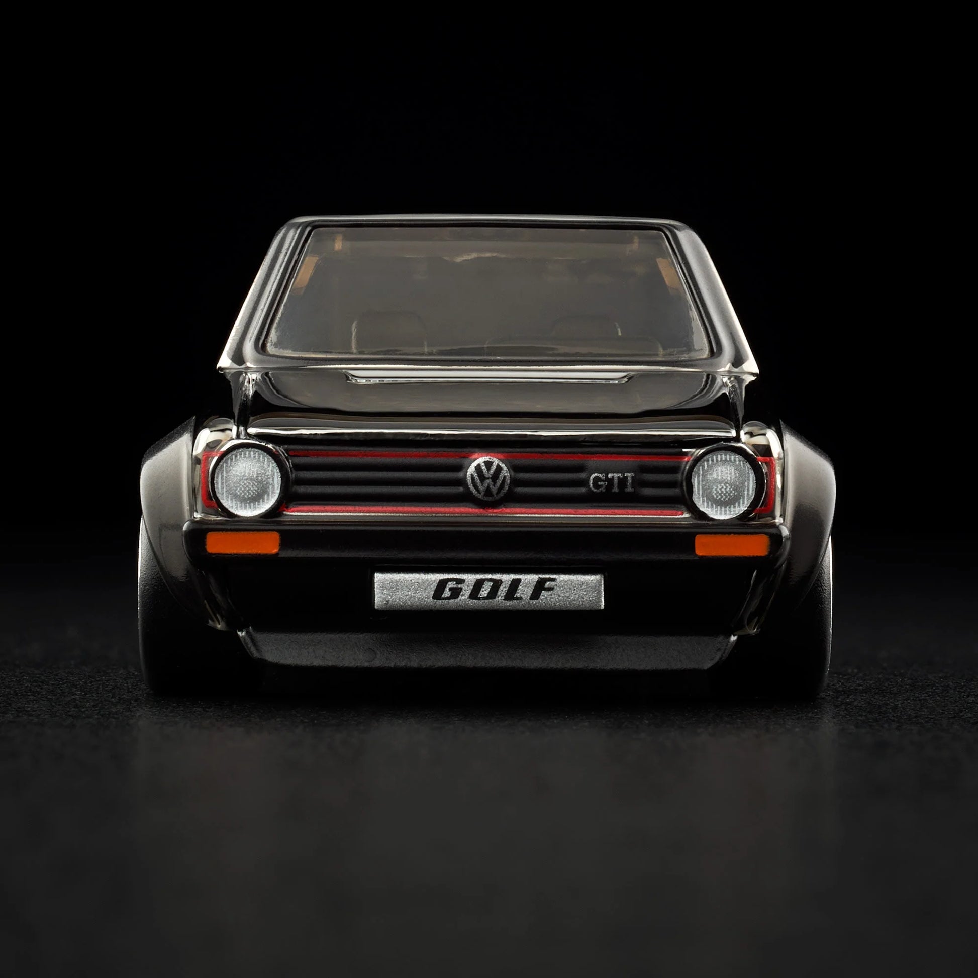 Hot Wheels RLC 1976 Volkswagen Golf MK1 GTI in Spectraflame Shadowchrome with Real Riders. Front