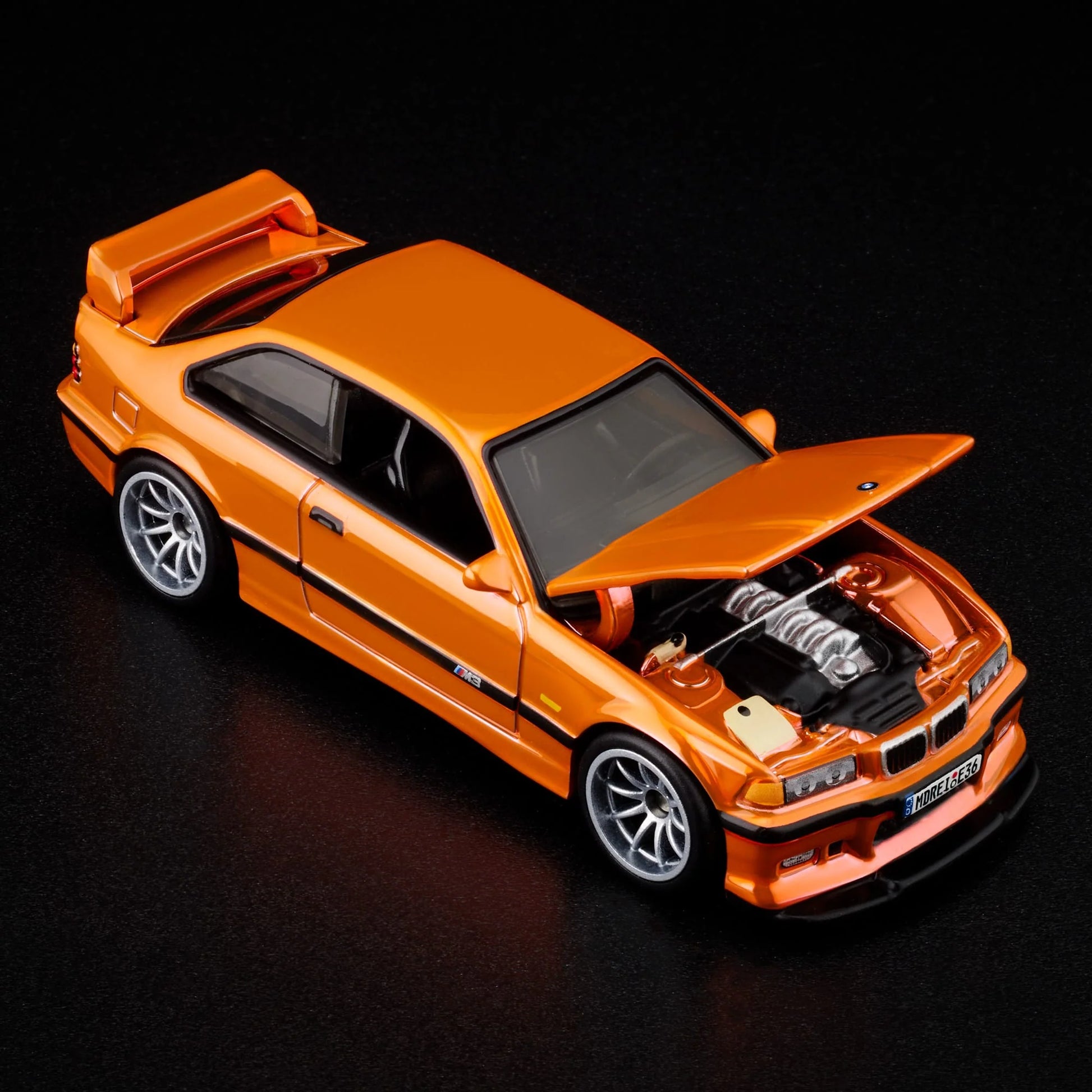 Hot Wheels RLC 1995 BMW M3 LTW in Spectraflame orange and opening hood, 1:64 scale collectible.