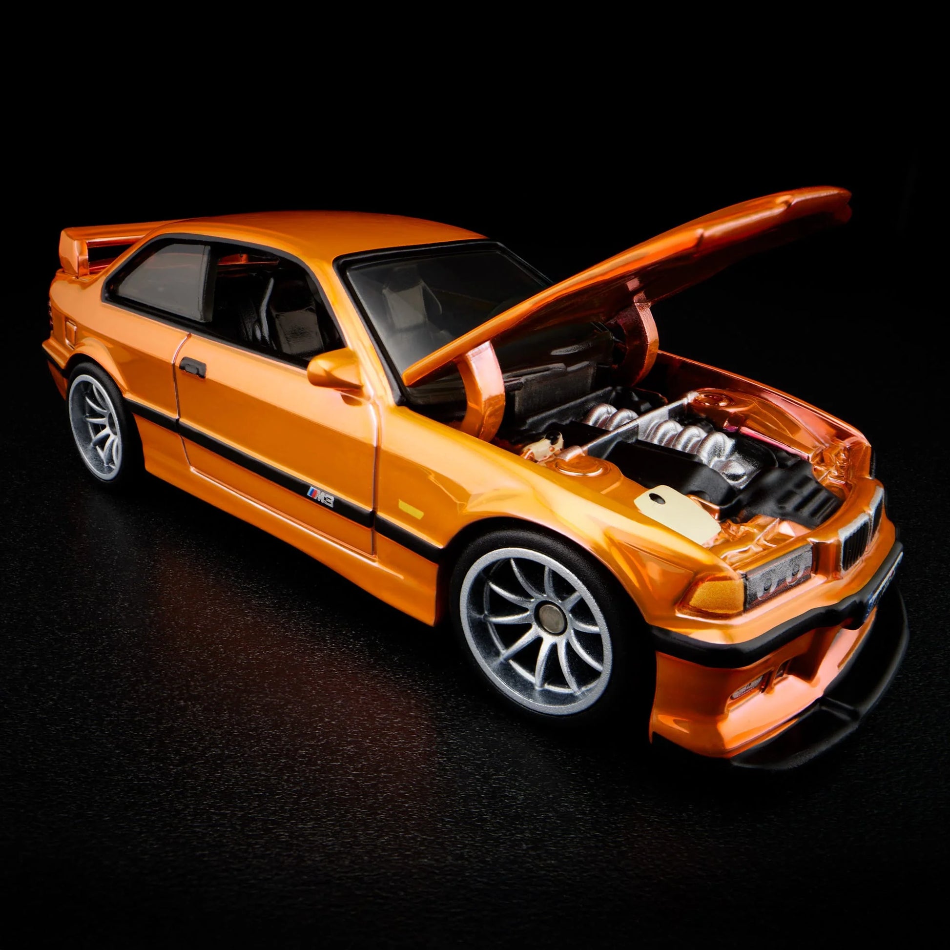 Hot Wheels RLC 1995 BMW M3 LTW in Spectraflame orange and opening hood, 1:64 scale collectible.