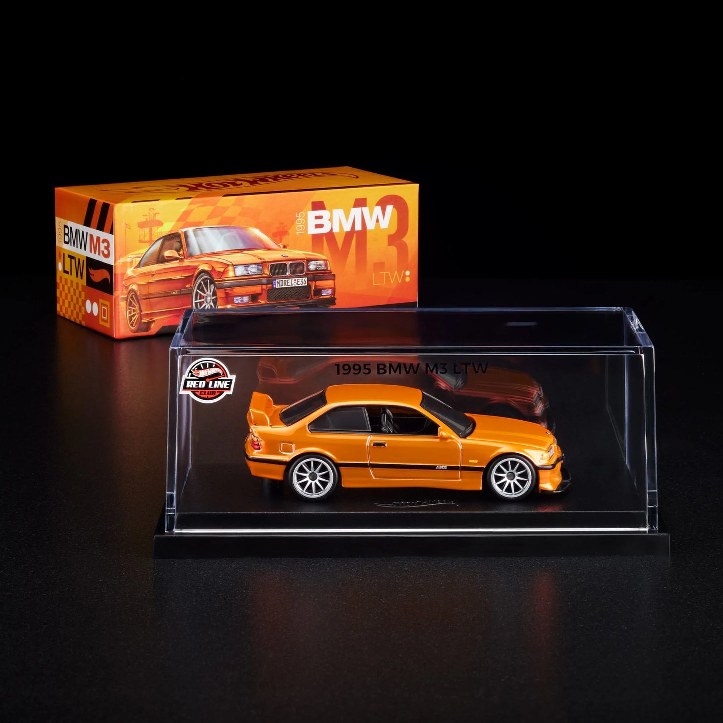 Hot Wheels RLC 1995 BMW M3 LTW in Spectraflame orange and opening hood, 1:64 scale collectible.