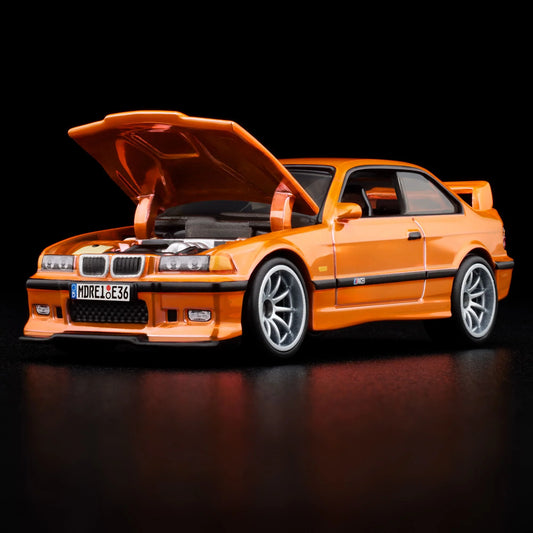 Hot Wheels RLC 1995 BMW M3 LTW in Spectraflame orange and opening hood, 1:64 scale collectible.